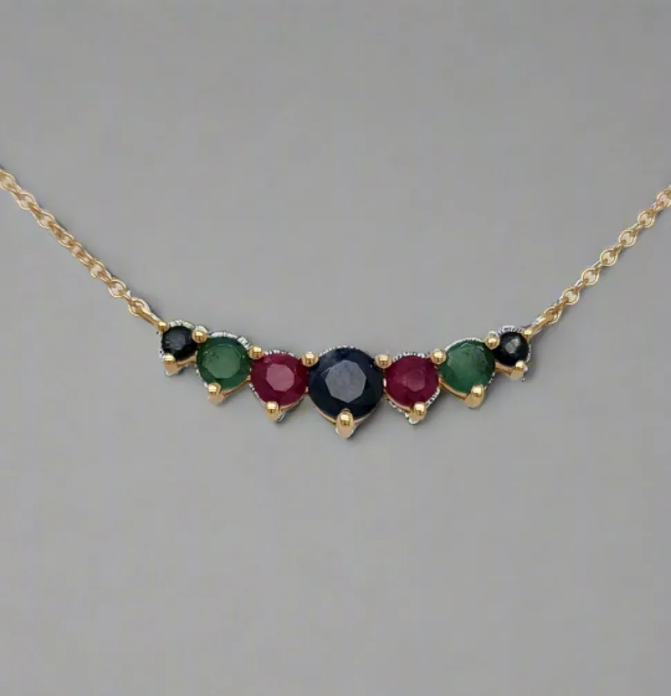 10K Gold Emerald, Ruby, and Sapphire Bar Necklace