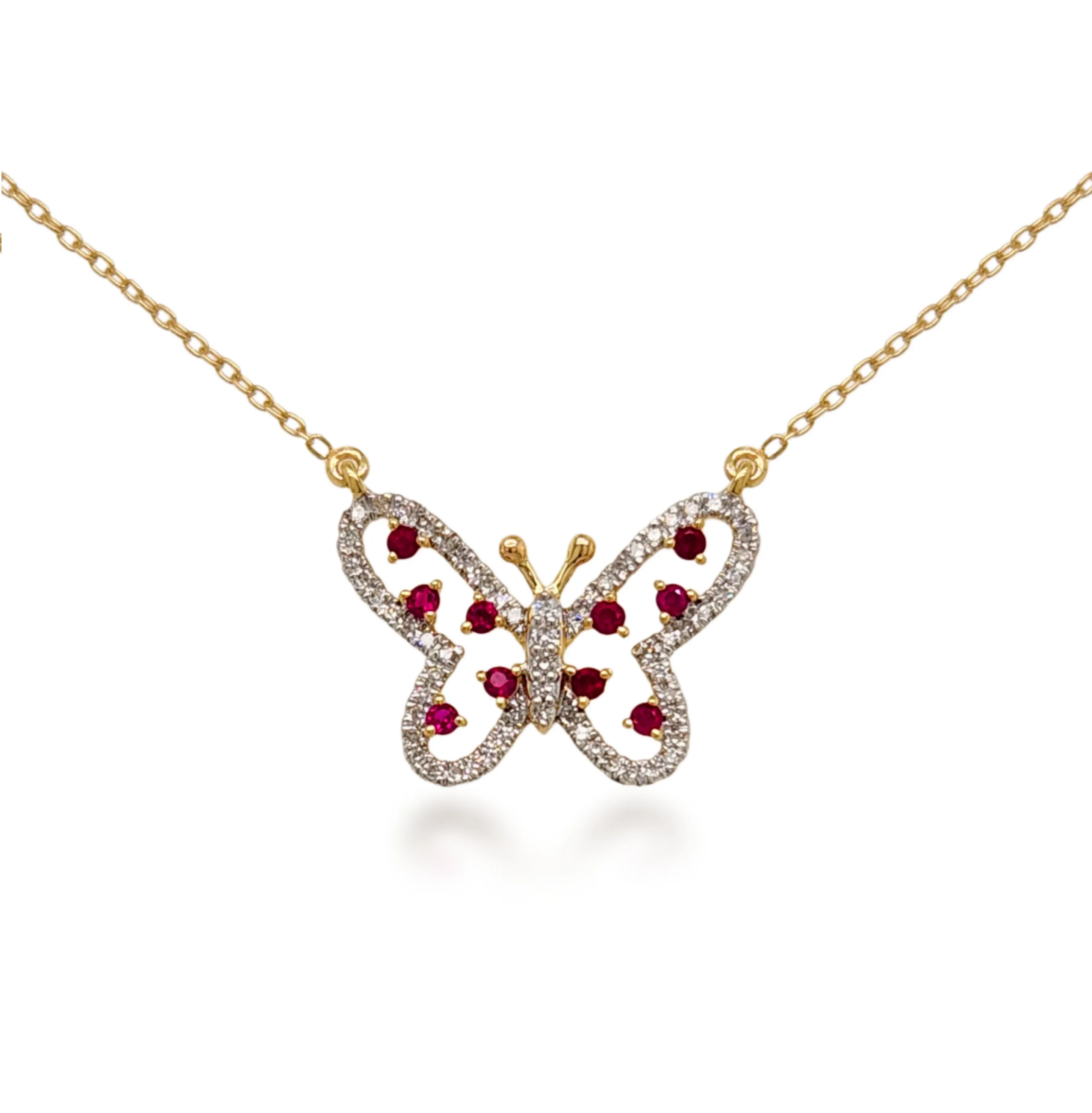 10K Gold Micropave Diamond Butterfly With Ruby Necklace