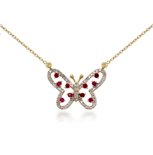 10K Gold Micropave Diamond Butterfly With Ruby Necklace