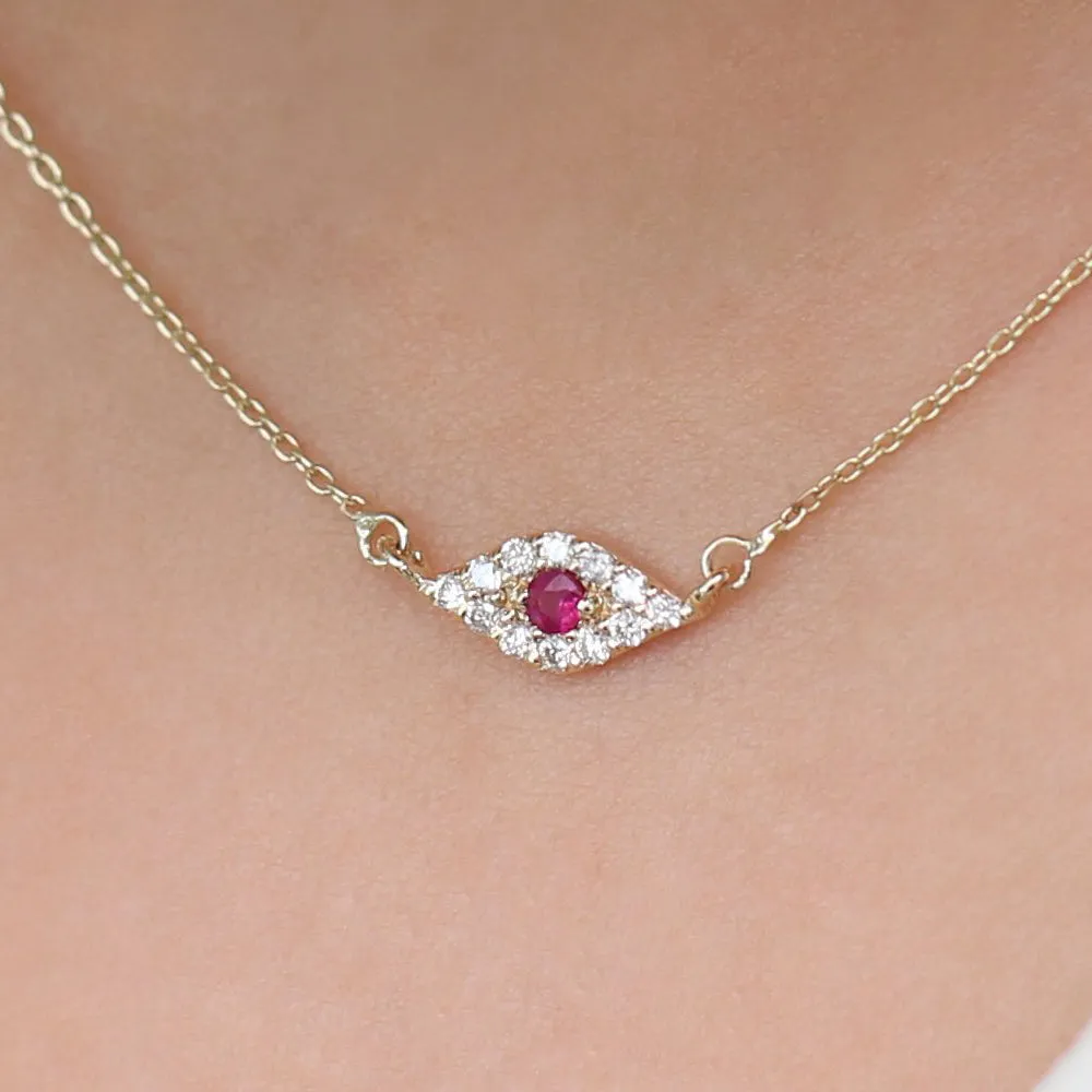 14K Gold Diamond and Ruby Evil Eye Necklace