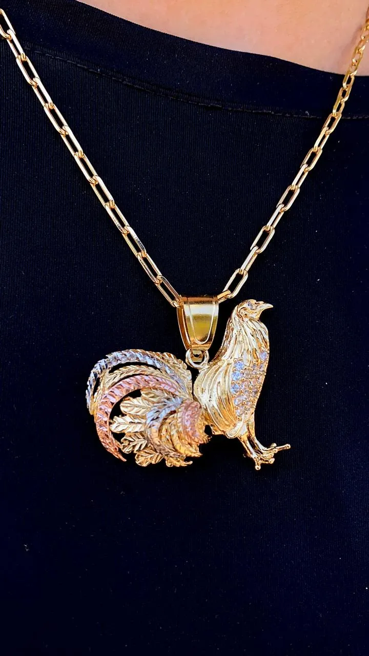 14K Gold Filled Rooster Chicken Necklace 20" Paper Clip Chain For Womens and Mens