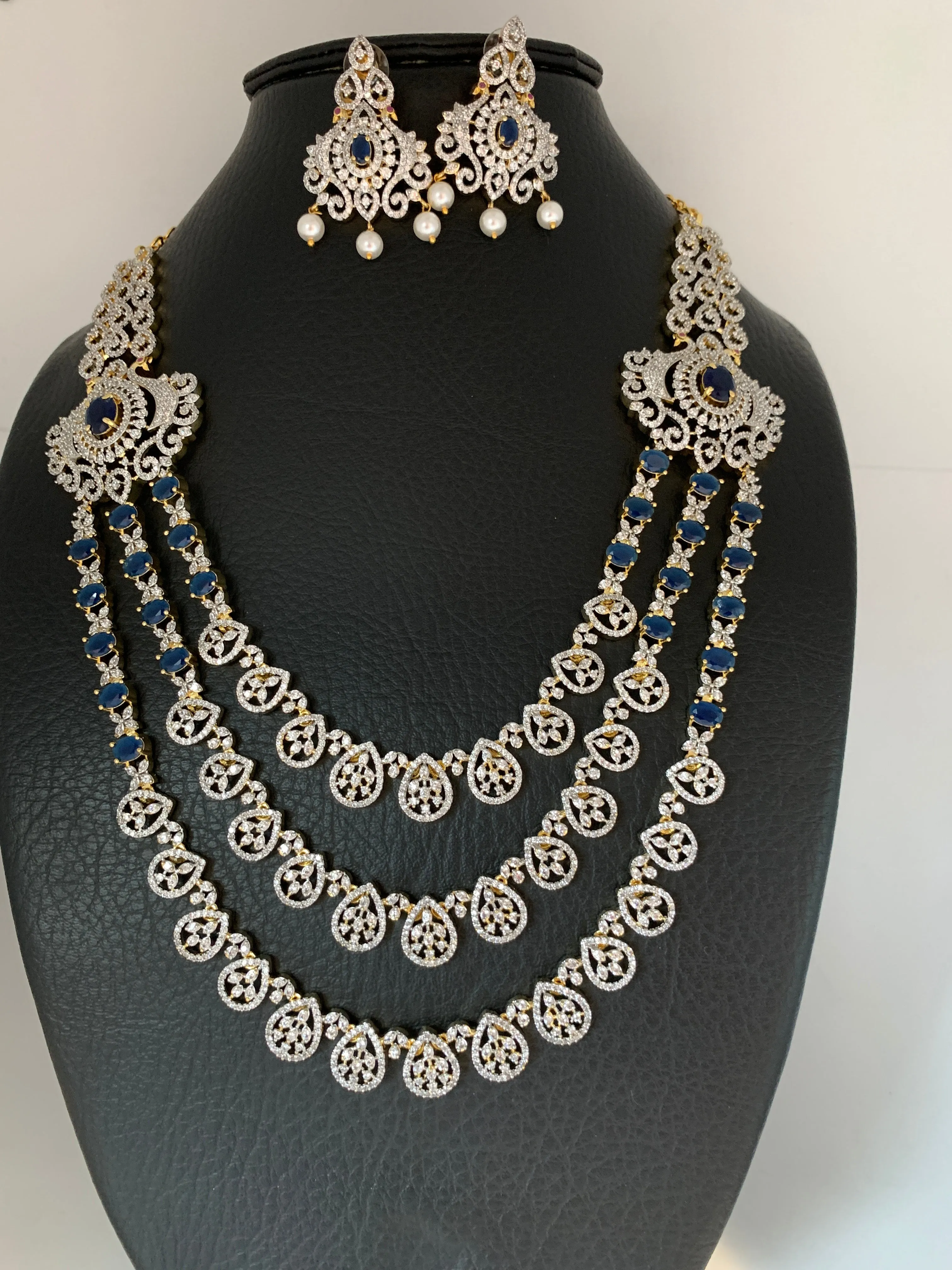 AD Blue Stone Multi Strand Peacock Design Long Necklace