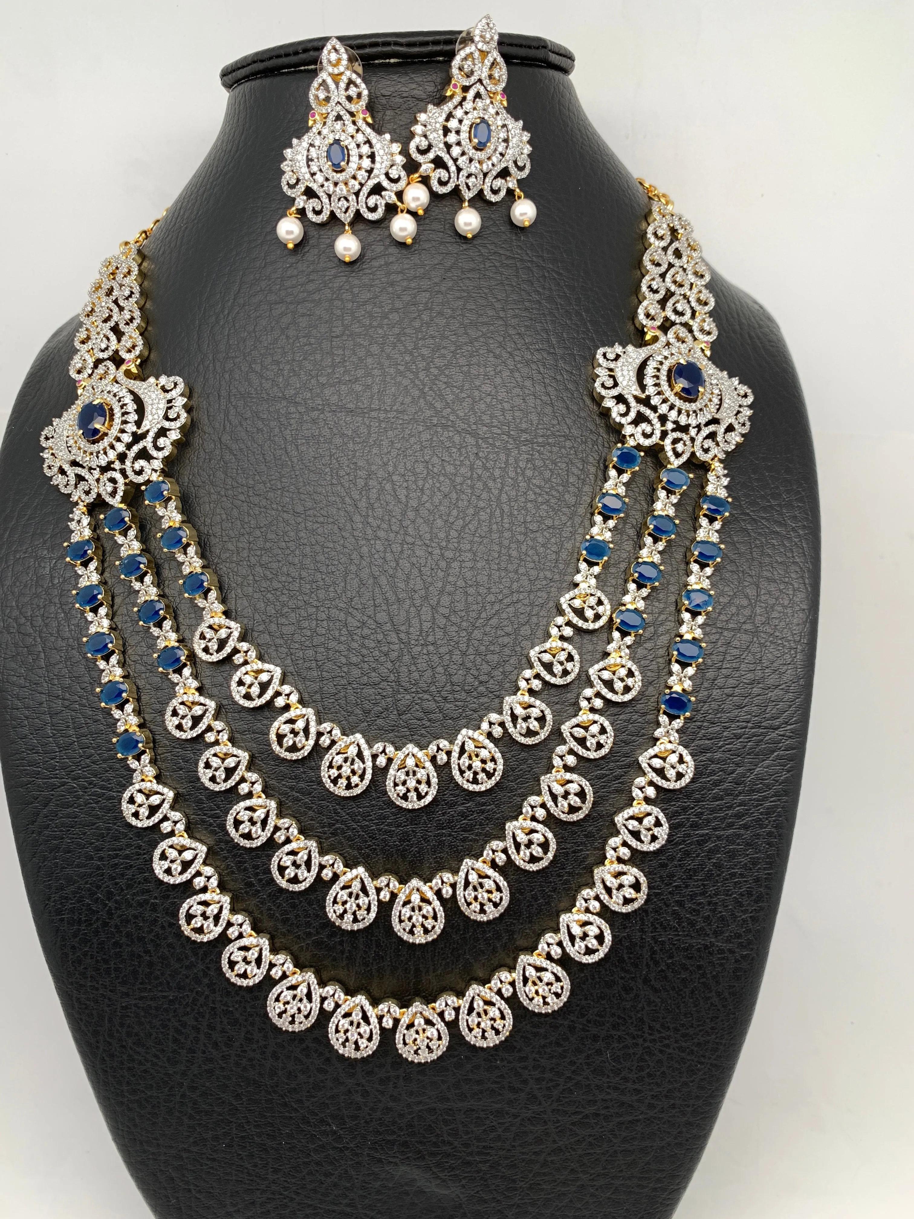 AD Blue Stone Multi Strand Peacock Design Long Necklace