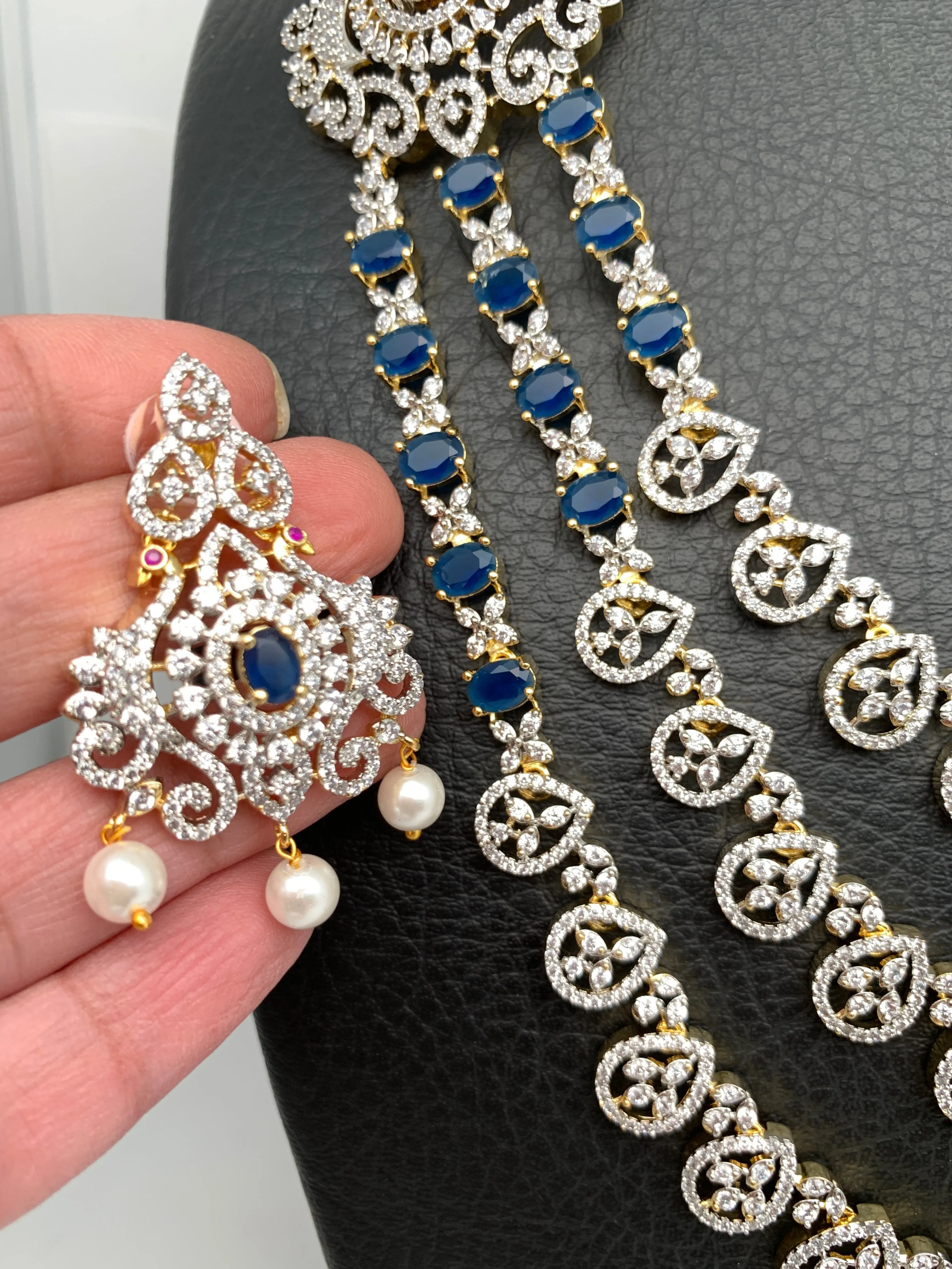 AD Blue Stone Multi Strand Peacock Design Long Necklace