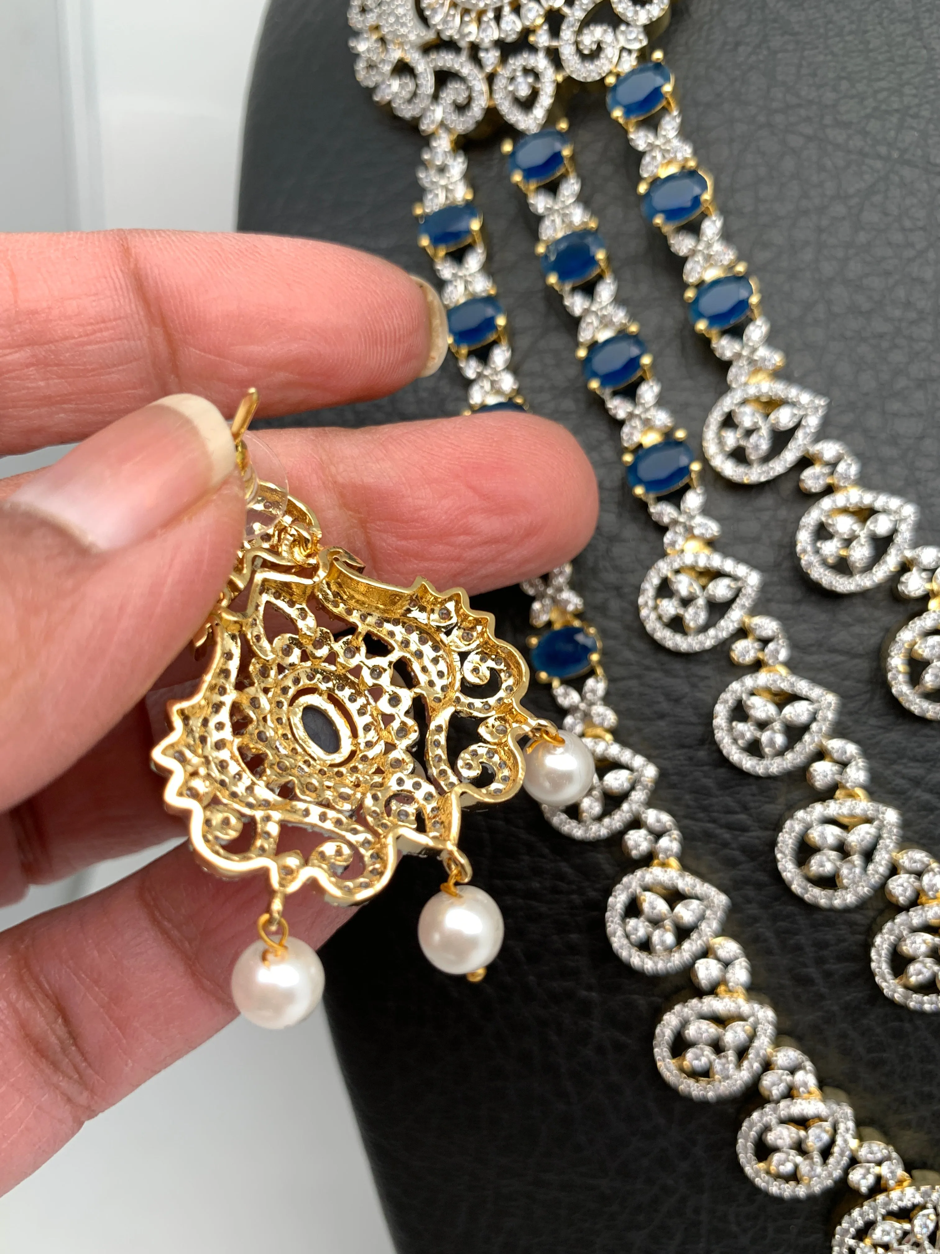AD Blue Stone Multi Strand Peacock Design Long Necklace