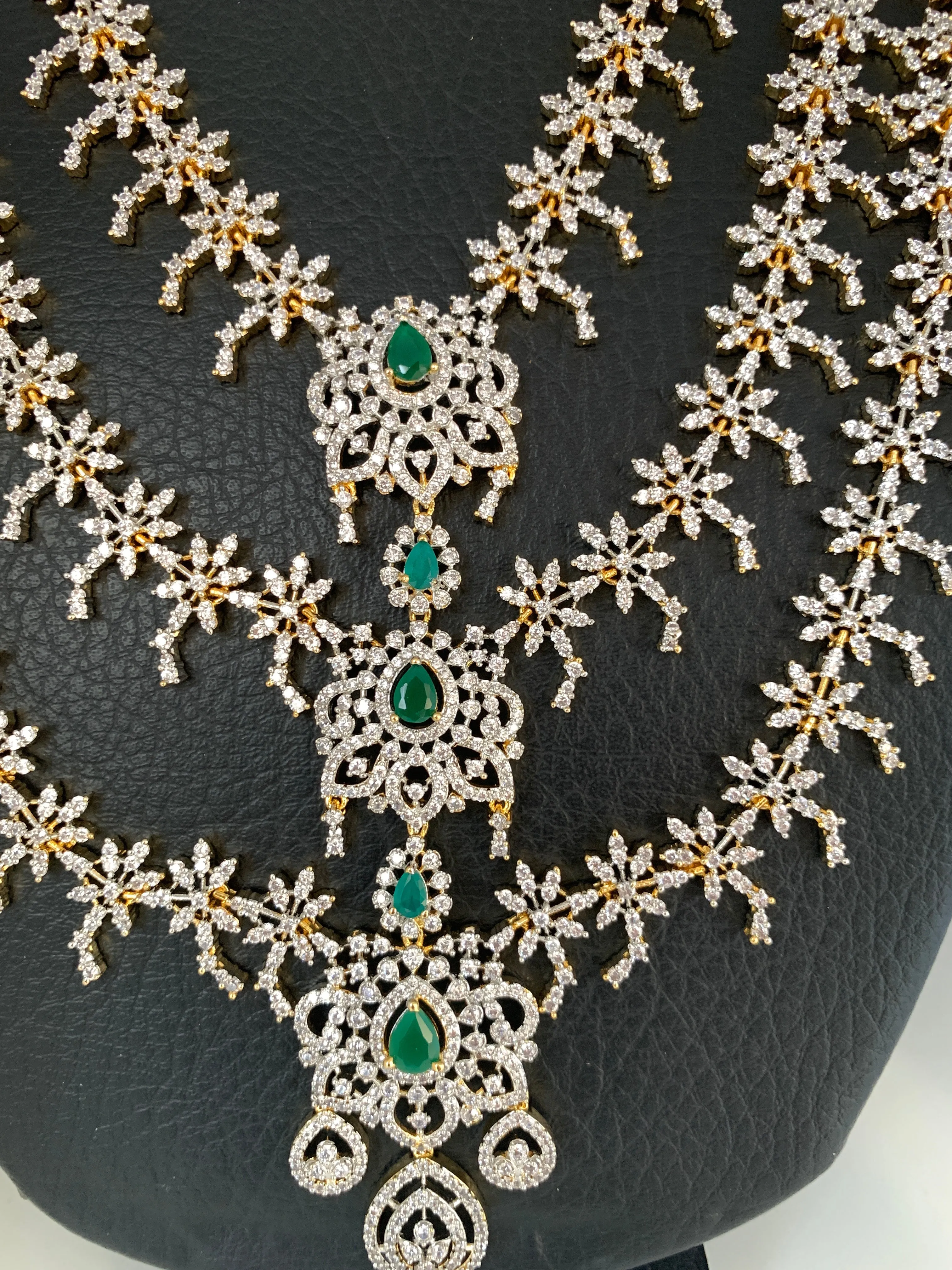 AD Emerald Green Stone Teen Lada Three Layer Long Necklace