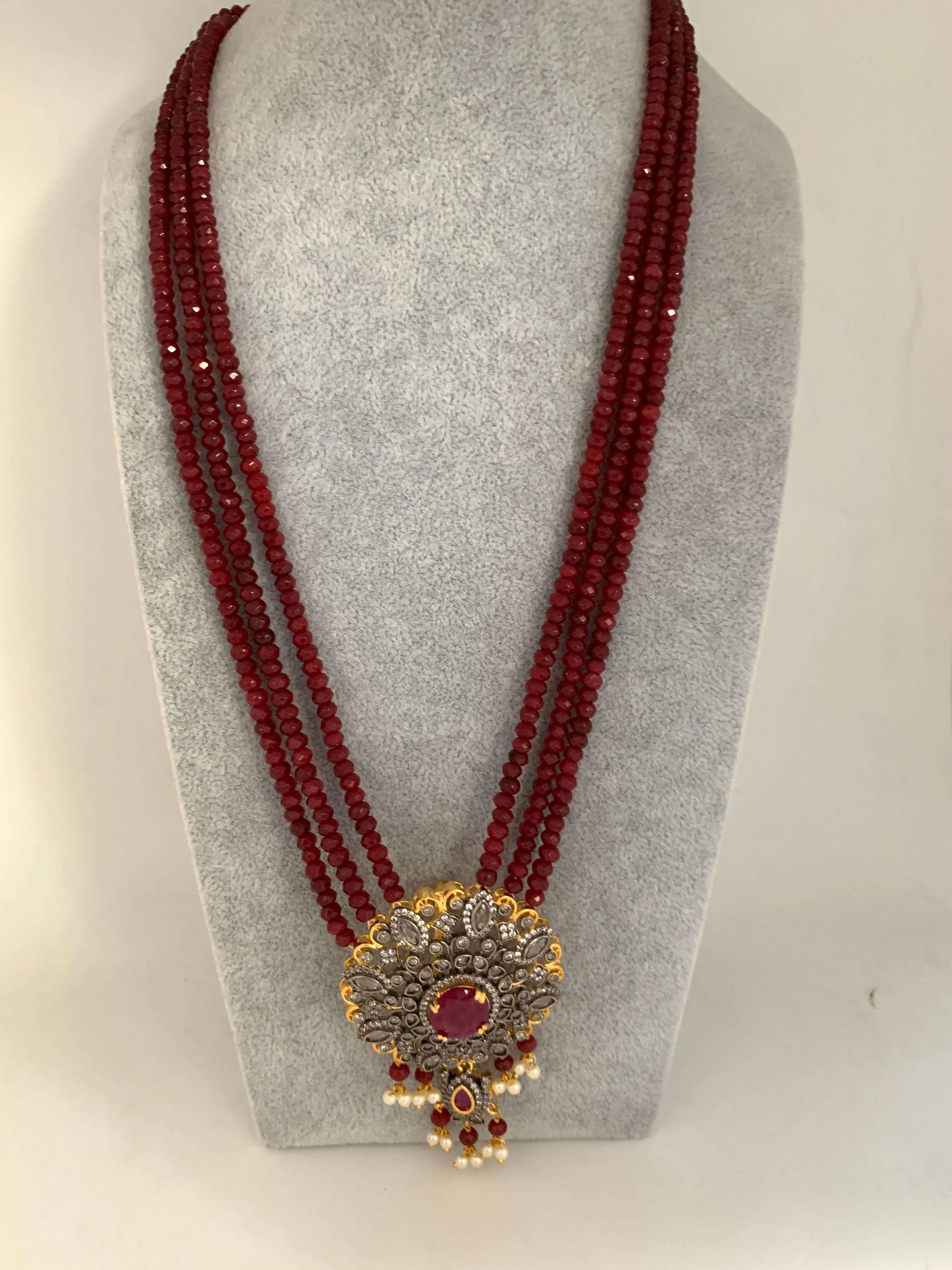 AD Red Stone Pendent Ruby Beads Long Mala