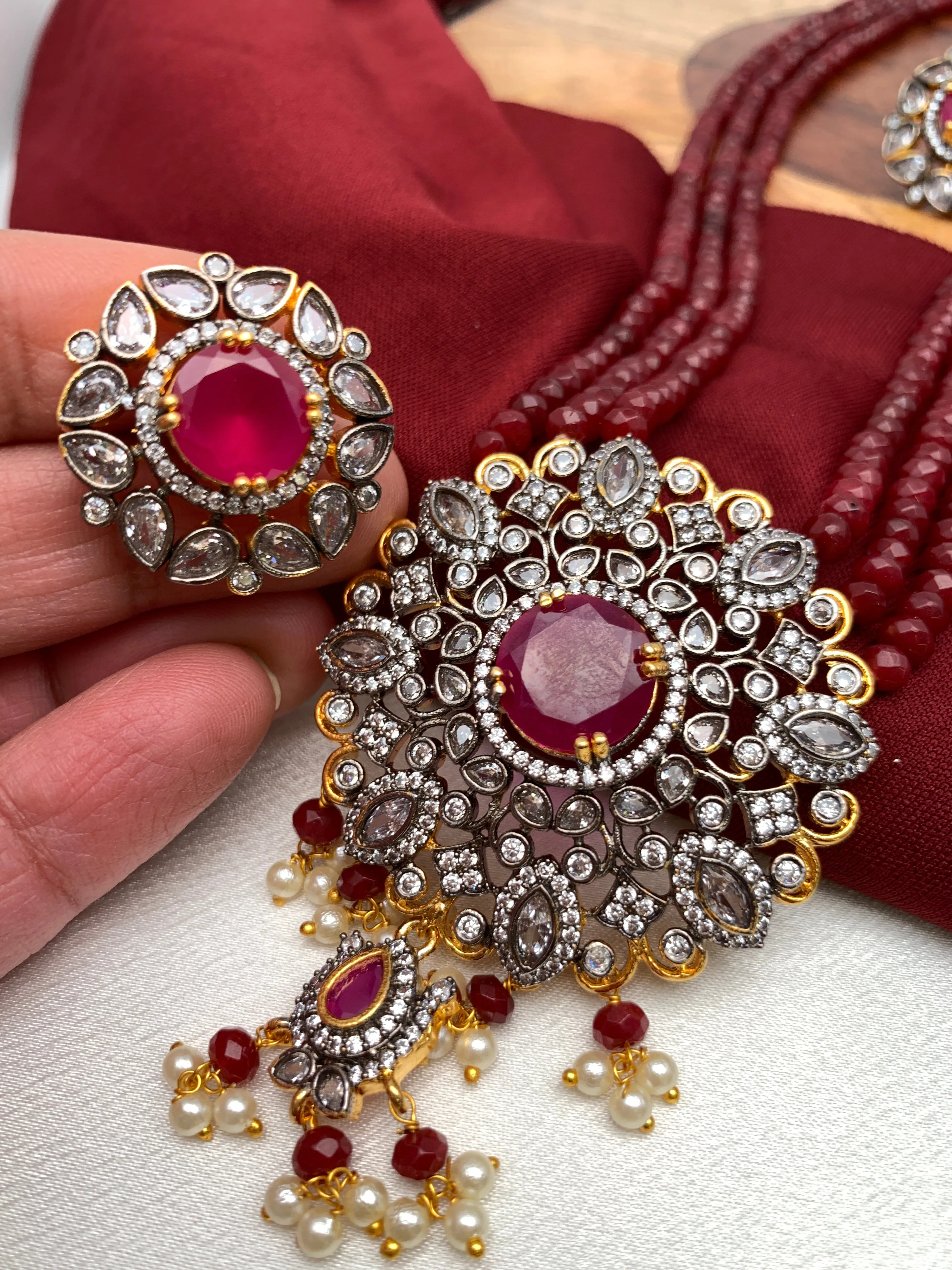 AD Red Stone Pendent Ruby Beads Long Mala