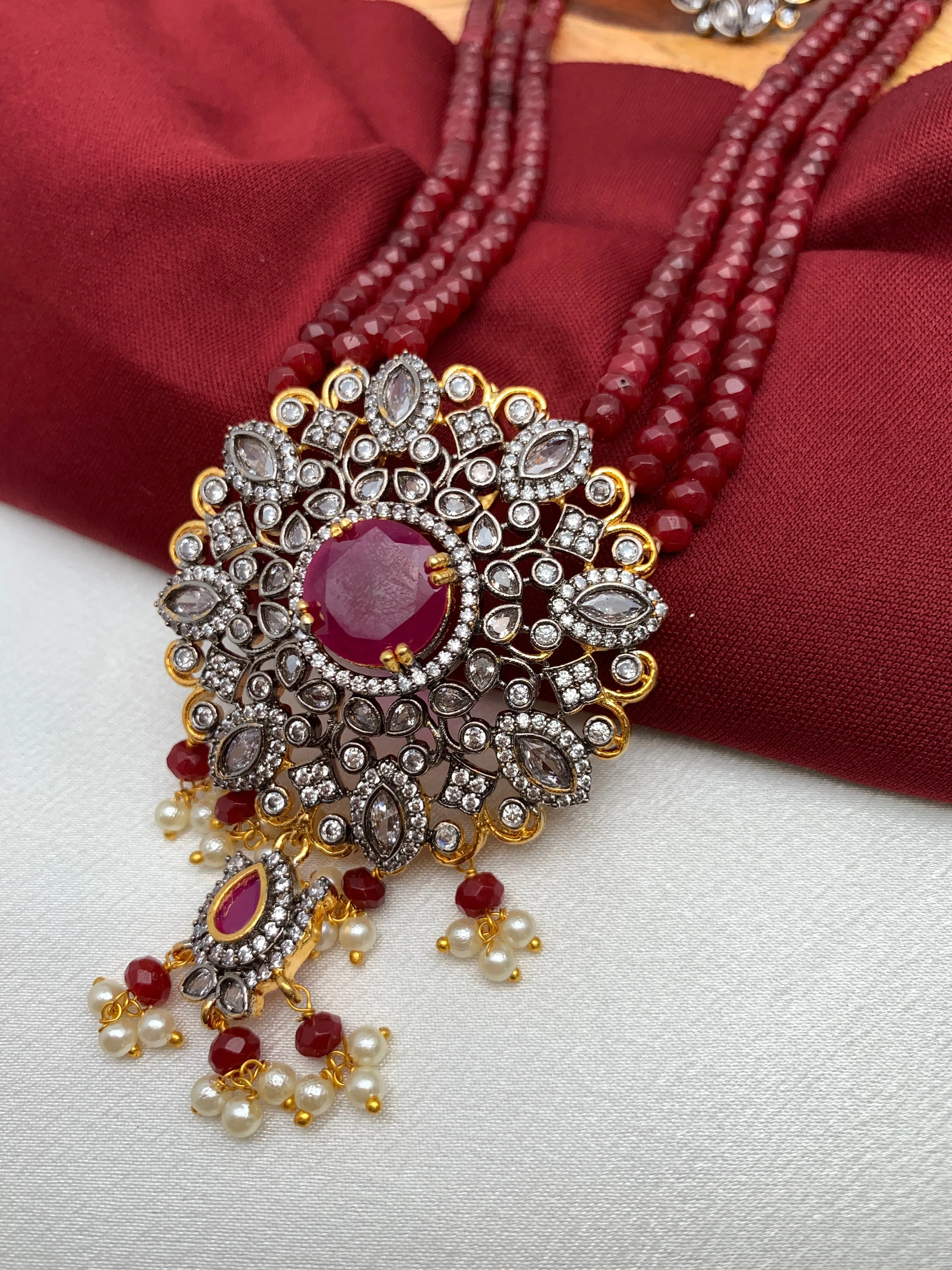 AD Red Stone Pendent Ruby Beads Long Mala