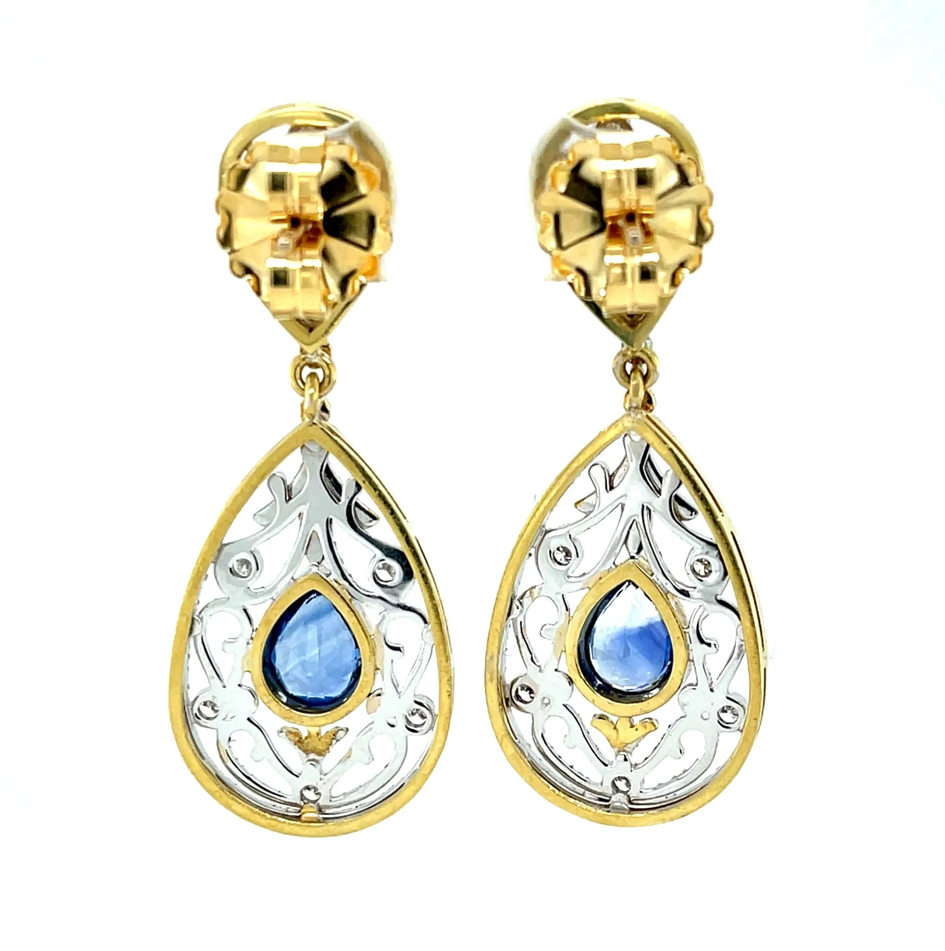 Blue Sapphire & Diamond Gold Handmade Filigree, French Clip Dangle Earrings