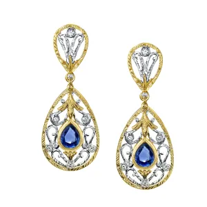 Blue Sapphire & Diamond Gold Handmade Filigree, French Clip Dangle Earrings