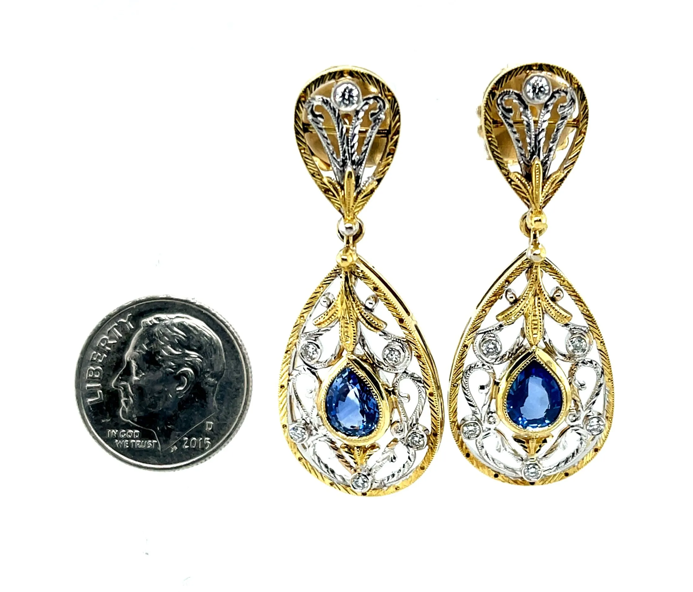Blue Sapphire & Diamond Gold Handmade Filigree, French Clip Dangle Earrings