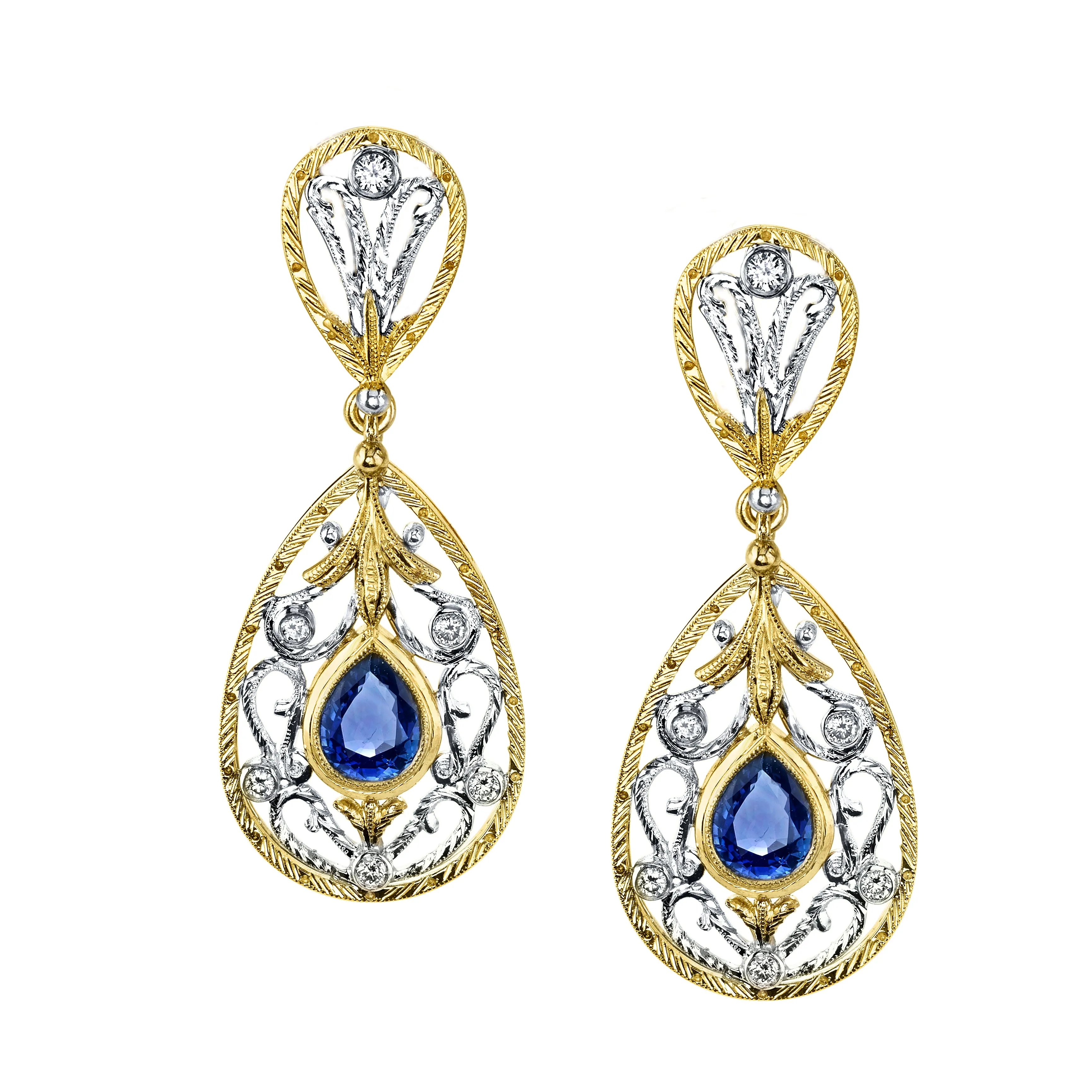 Blue Sapphire & Diamond Gold Handmade Filigree, French Clip Dangle Earrings