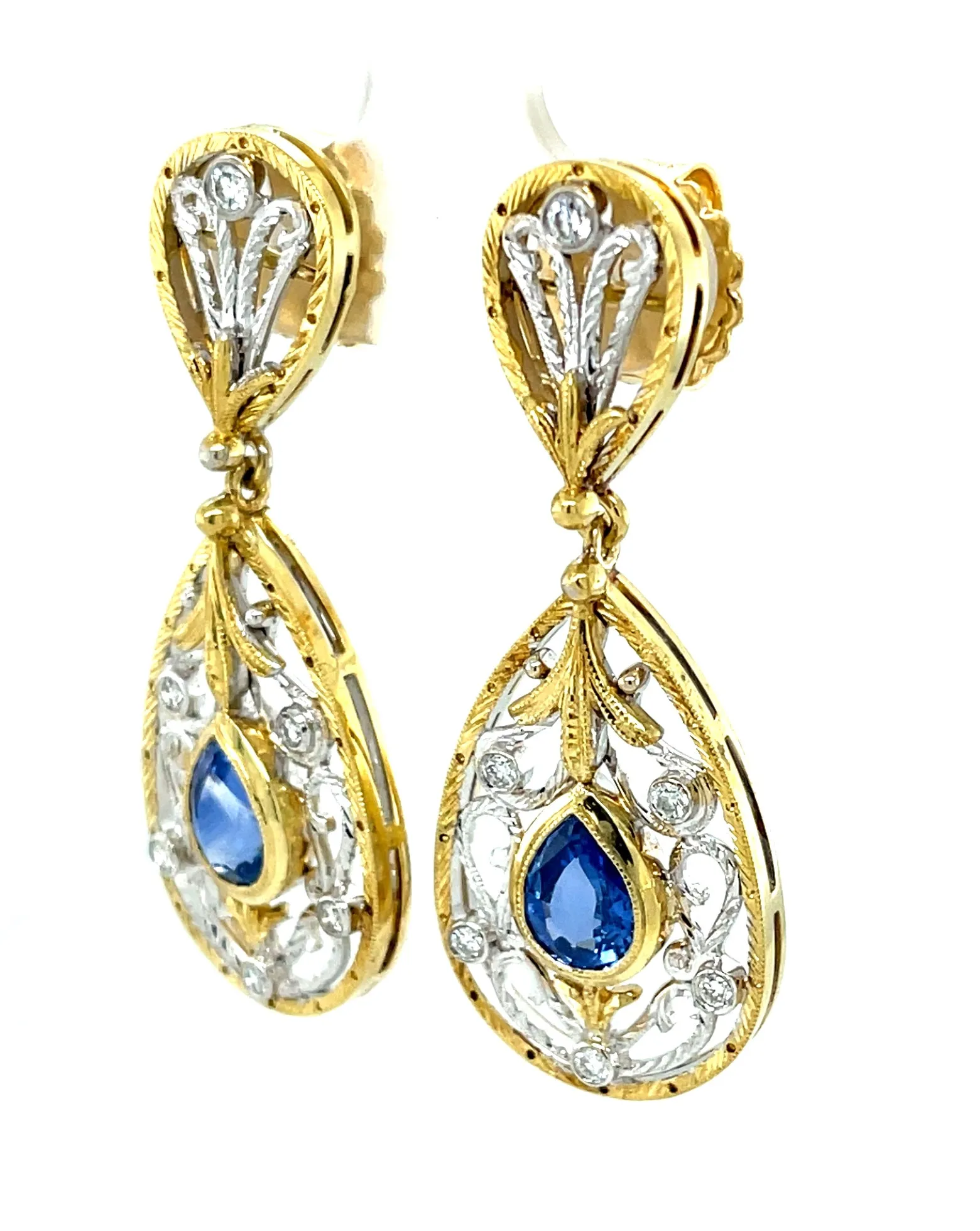 Blue Sapphire & Diamond Gold Handmade Filigree, French Clip Dangle Earrings