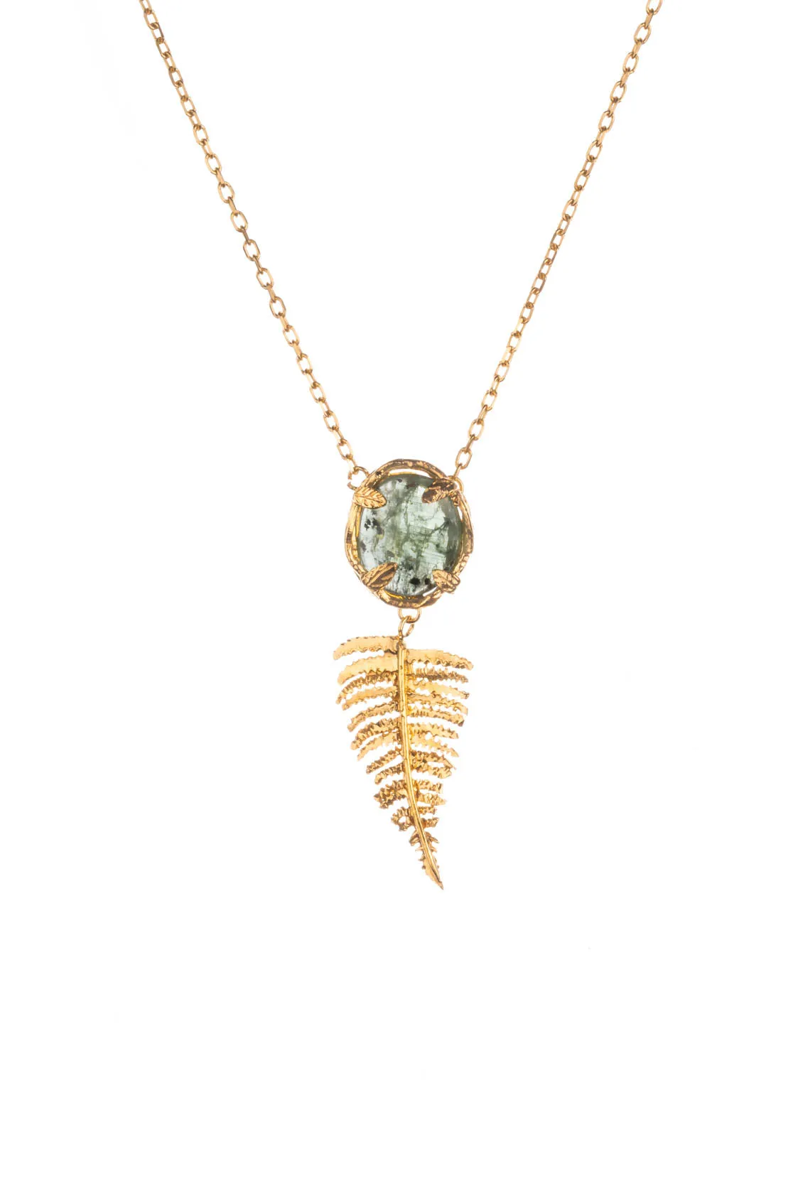 Botanical Nest Necklace With Fern Drop and labradorite, kyanite or ruby gemstone