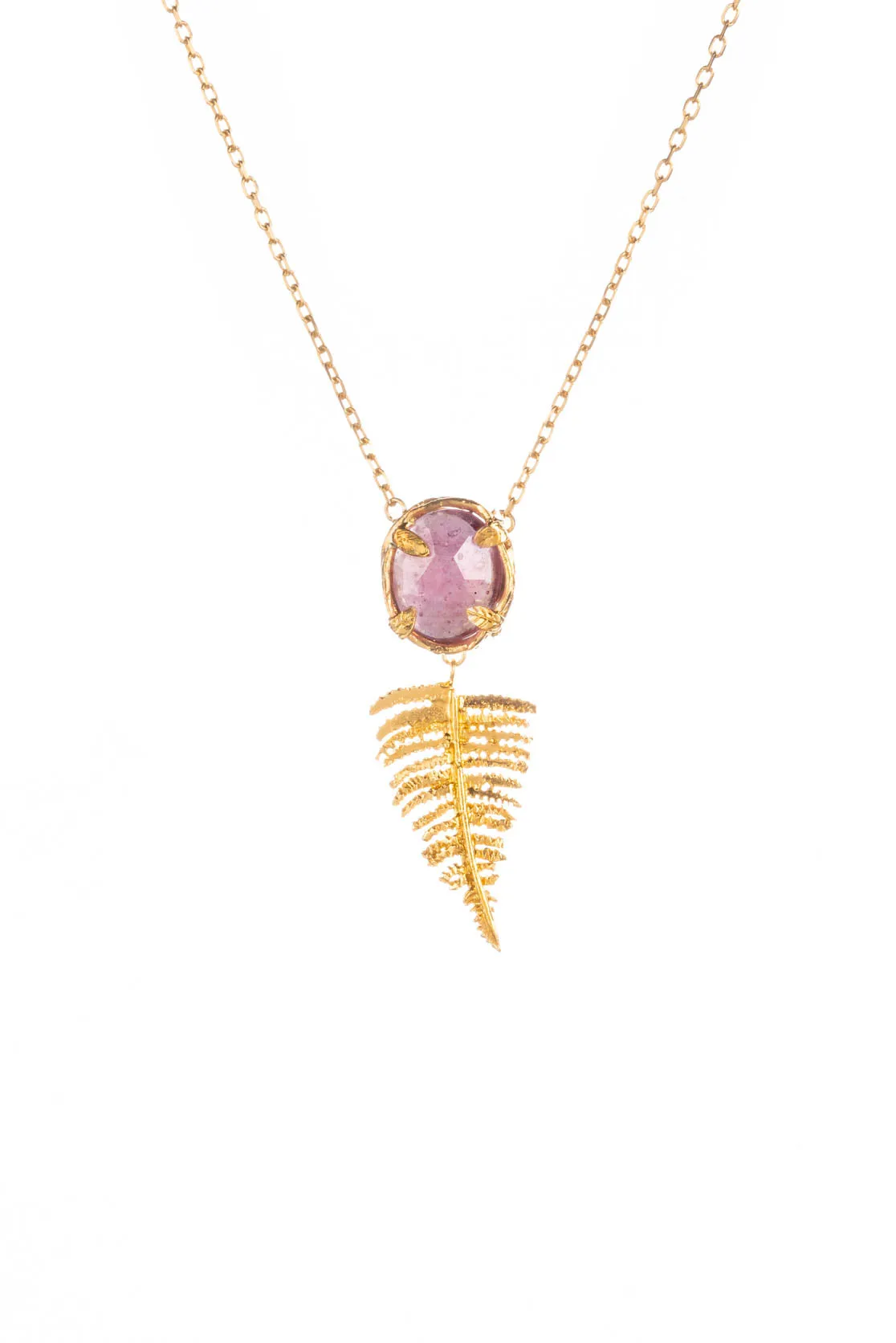 Botanical Nest Necklace With Fern Drop and labradorite, kyanite or ruby gemstone