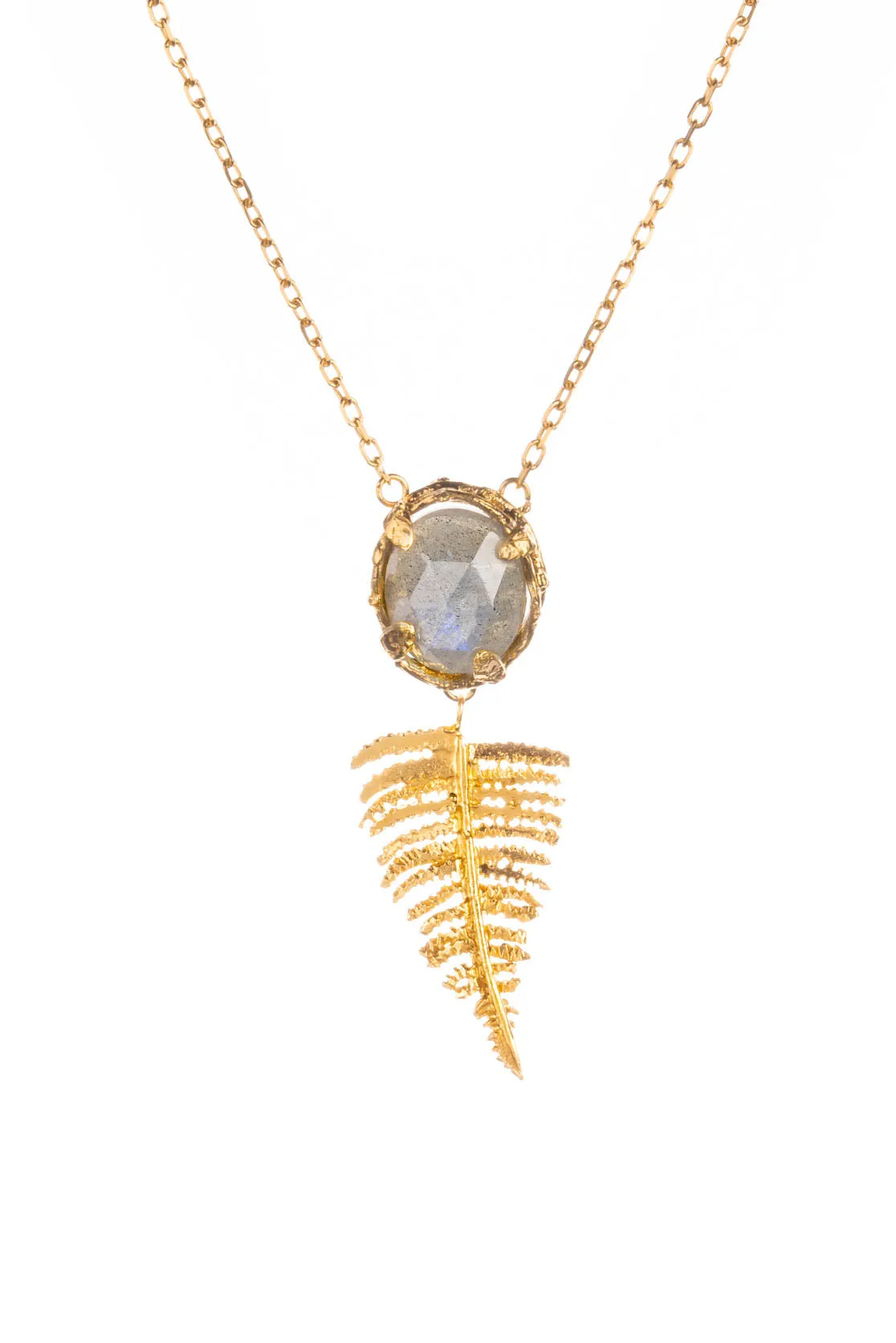 Botanical Nest Necklace With Fern Drop and labradorite, kyanite or ruby gemstone