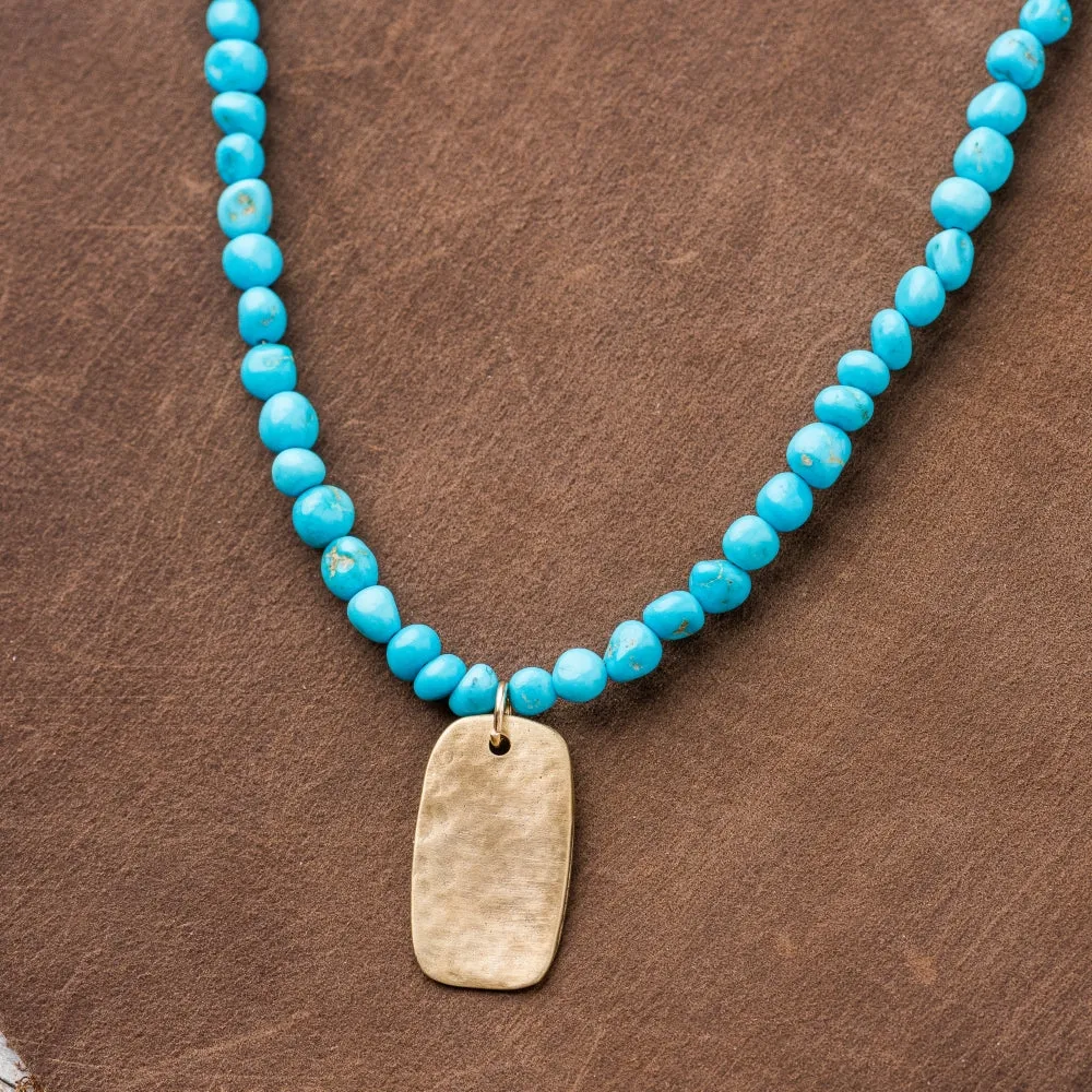 Bronze Tab Necklace on Turquoise Nugget Strand