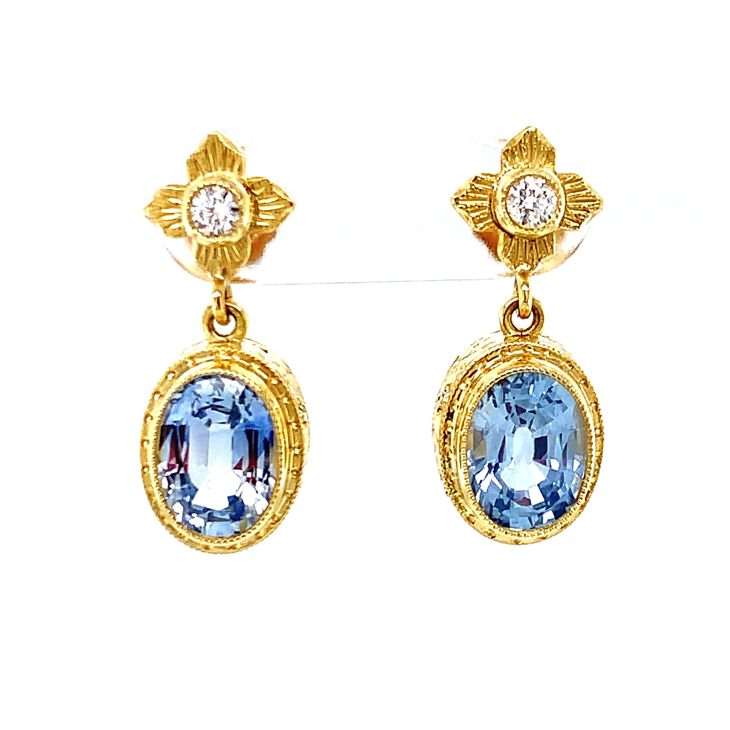 Cornflower Blue Sapphire and Diamond Yellow Gold Bezel Drop Dangle Earrings
