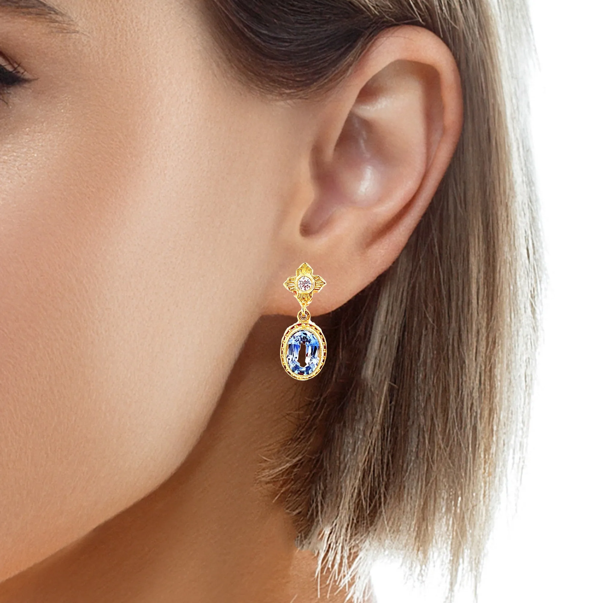 Cornflower Blue Sapphire and Diamond Yellow Gold Bezel Drop Dangle Earrings