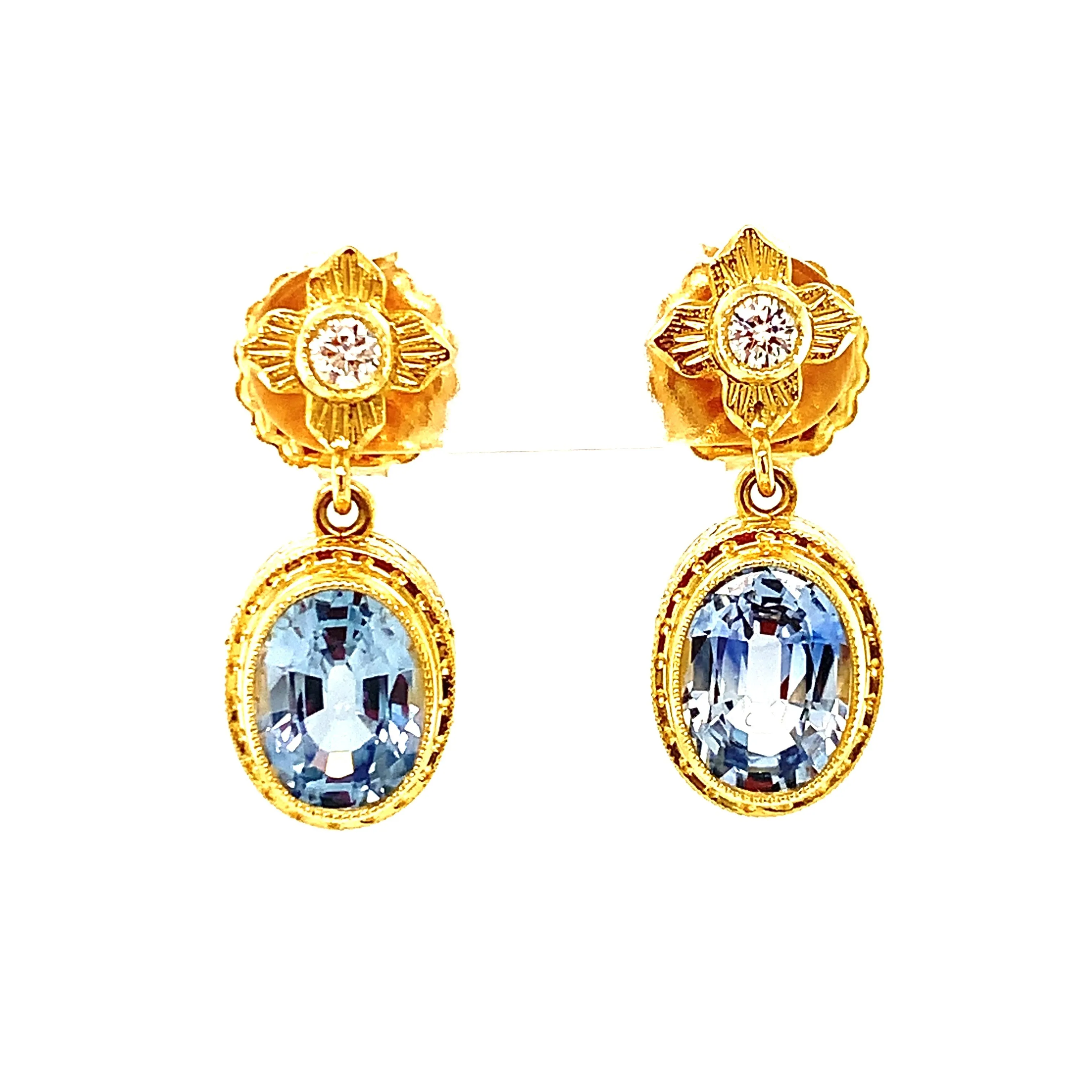 Cornflower Blue Sapphire and Diamond Yellow Gold Bezel Drop Dangle Earrings