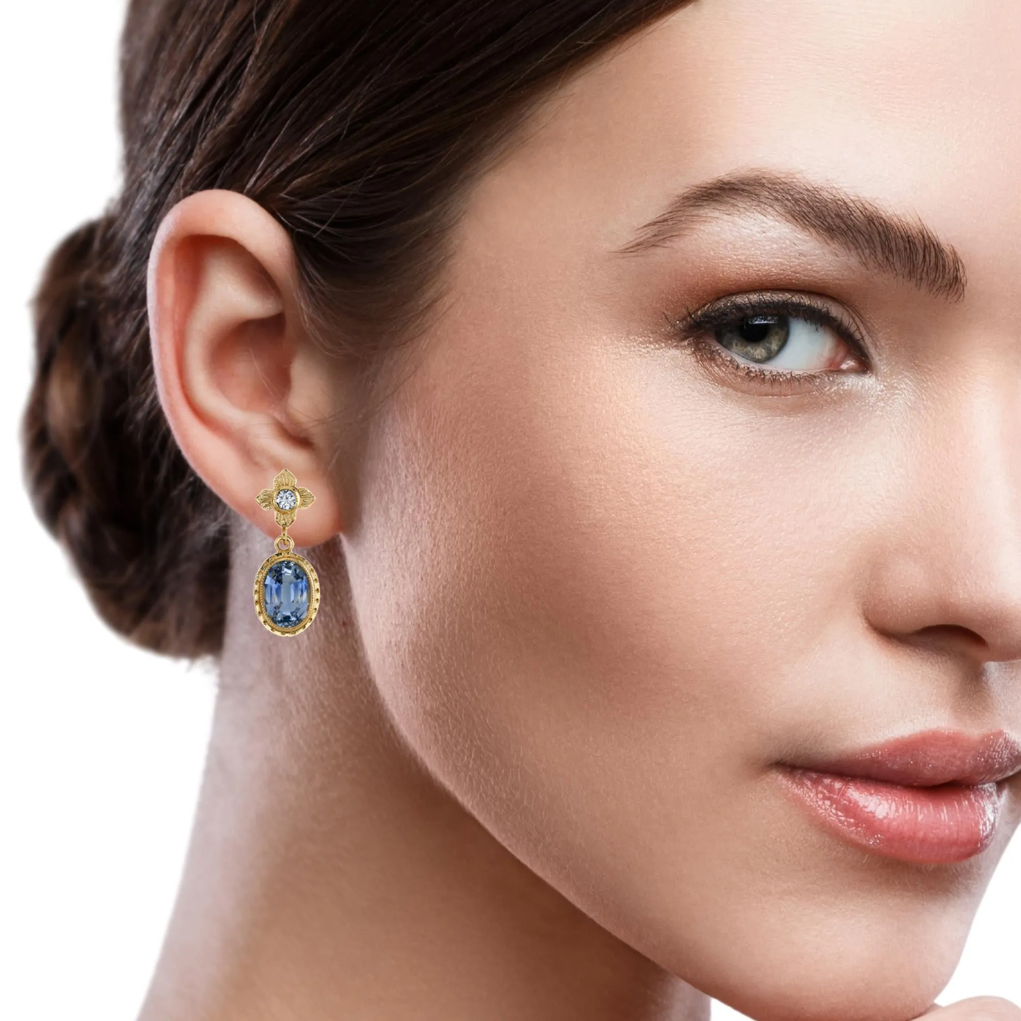 Cornflower Blue Sapphire and Diamond Yellow Gold Bezel Drop Dangle Earrings