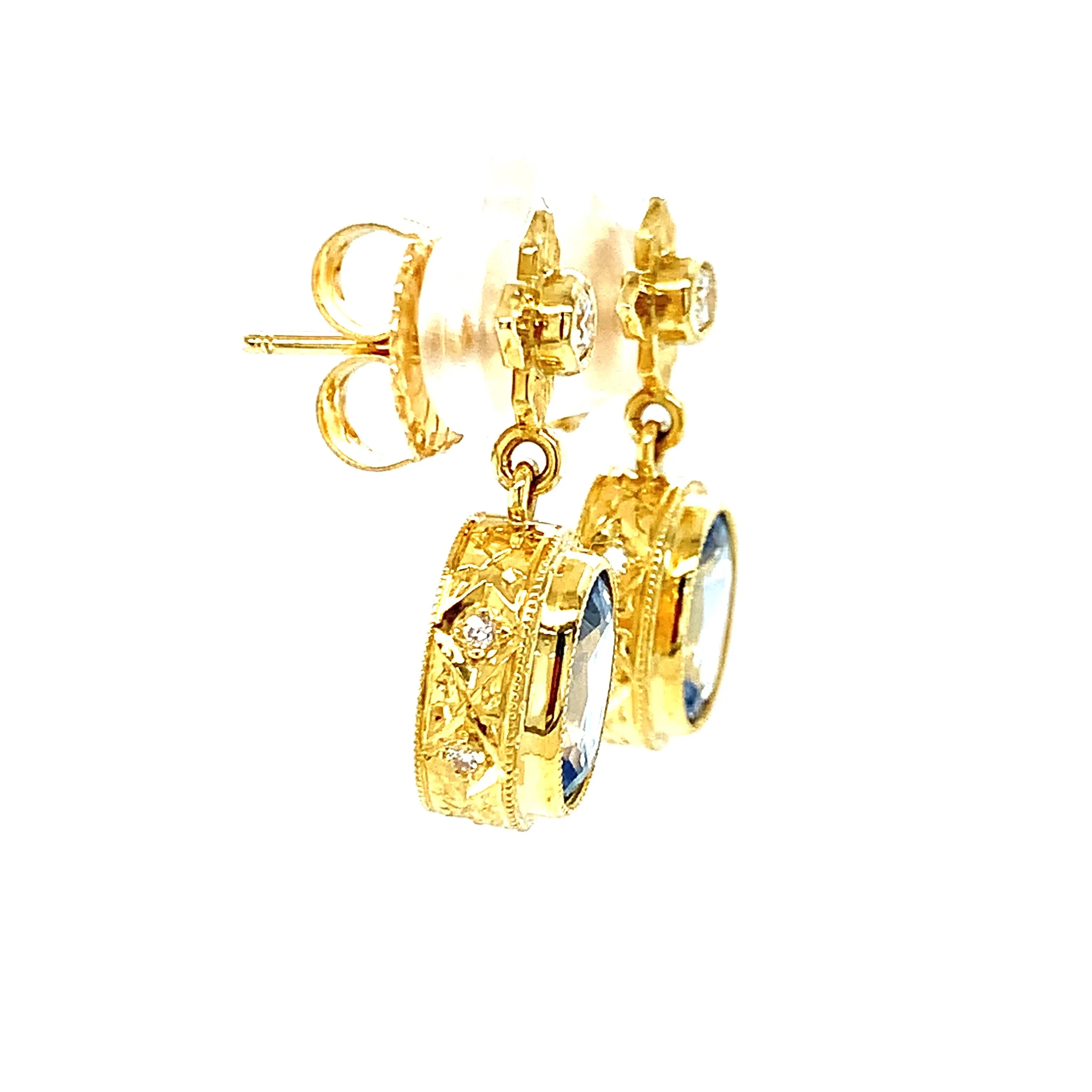 Cornflower Blue Sapphire and Diamond Yellow Gold Bezel Drop Dangle Earrings
