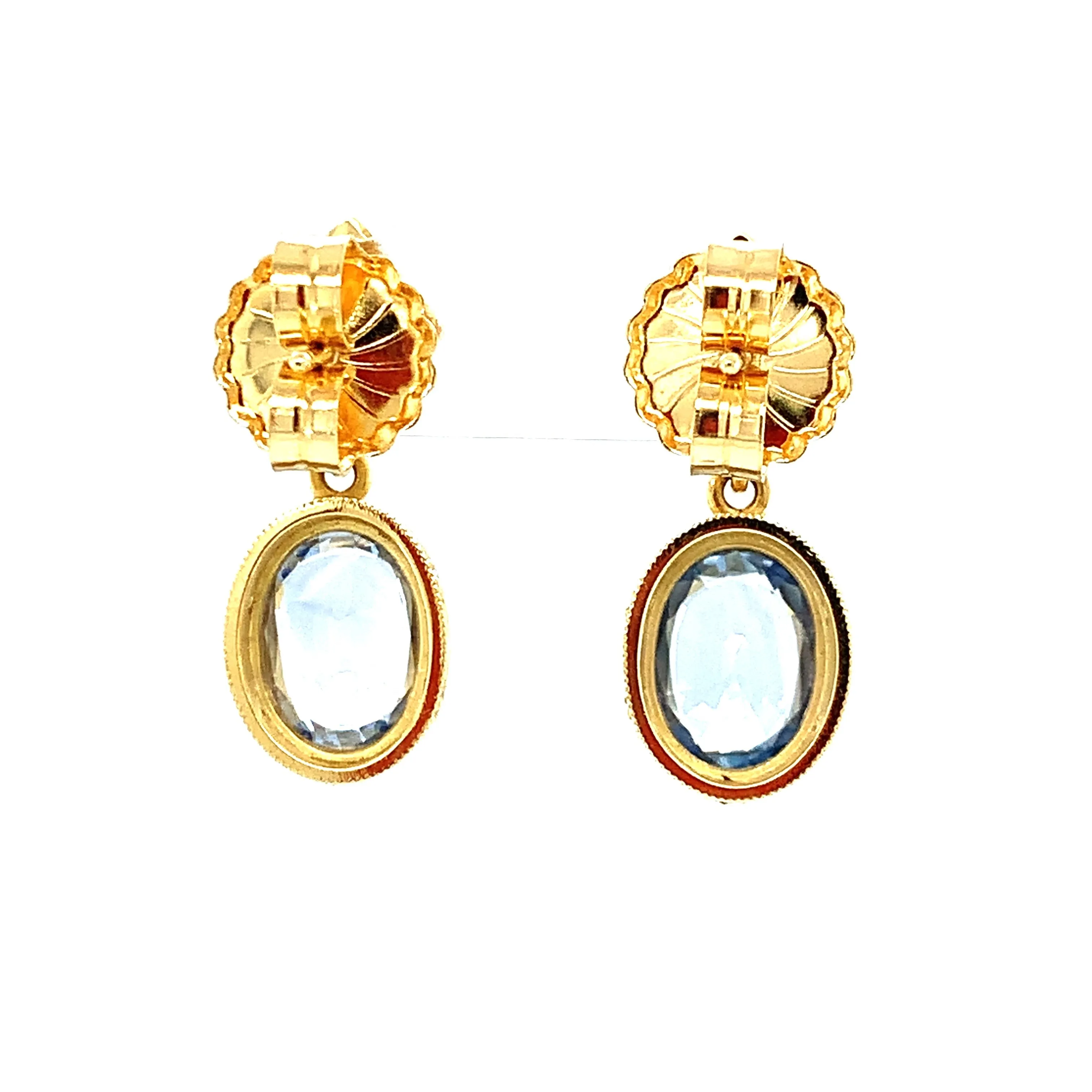 Cornflower Blue Sapphire and Diamond Yellow Gold Bezel Drop Dangle Earrings