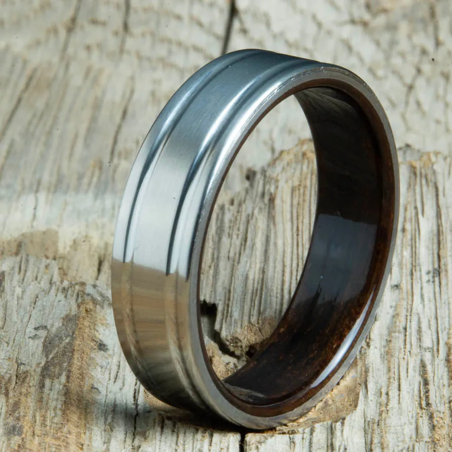 Double grooved satin titanium and Ebony ring