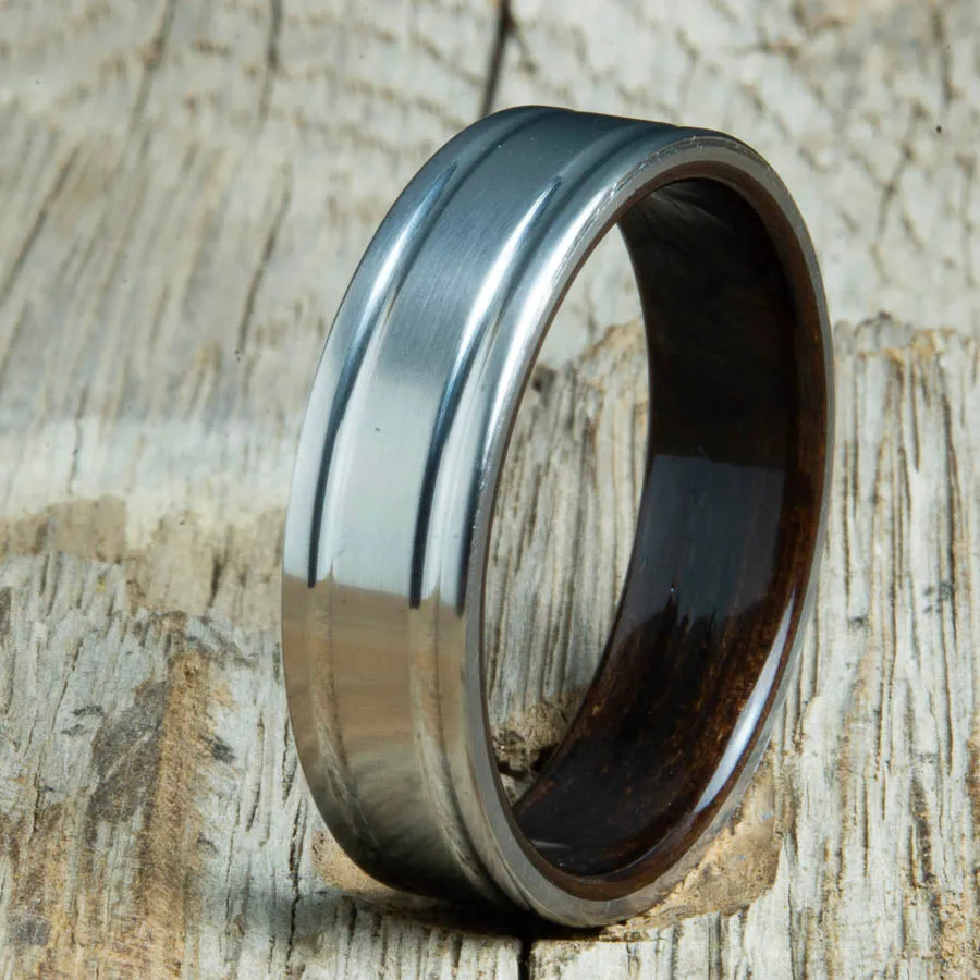 Double grooved satin titanium and Ebony ring