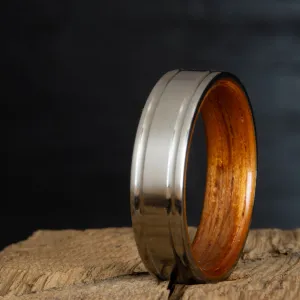 Double grooved satin titanium and Hawaiian Koa ring