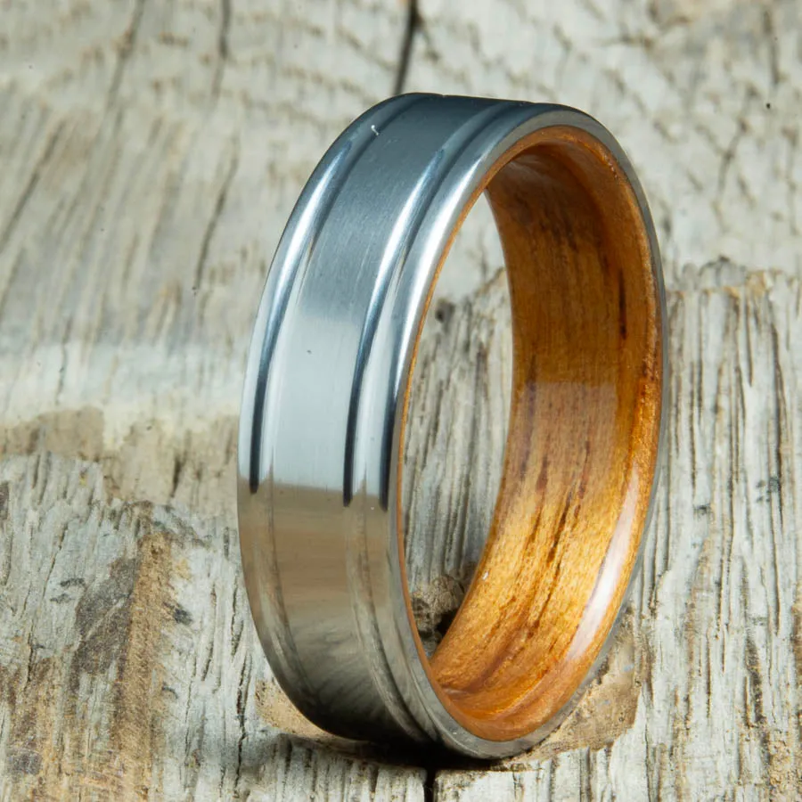 Double grooved satin titanium and Hawaiian Koa ring