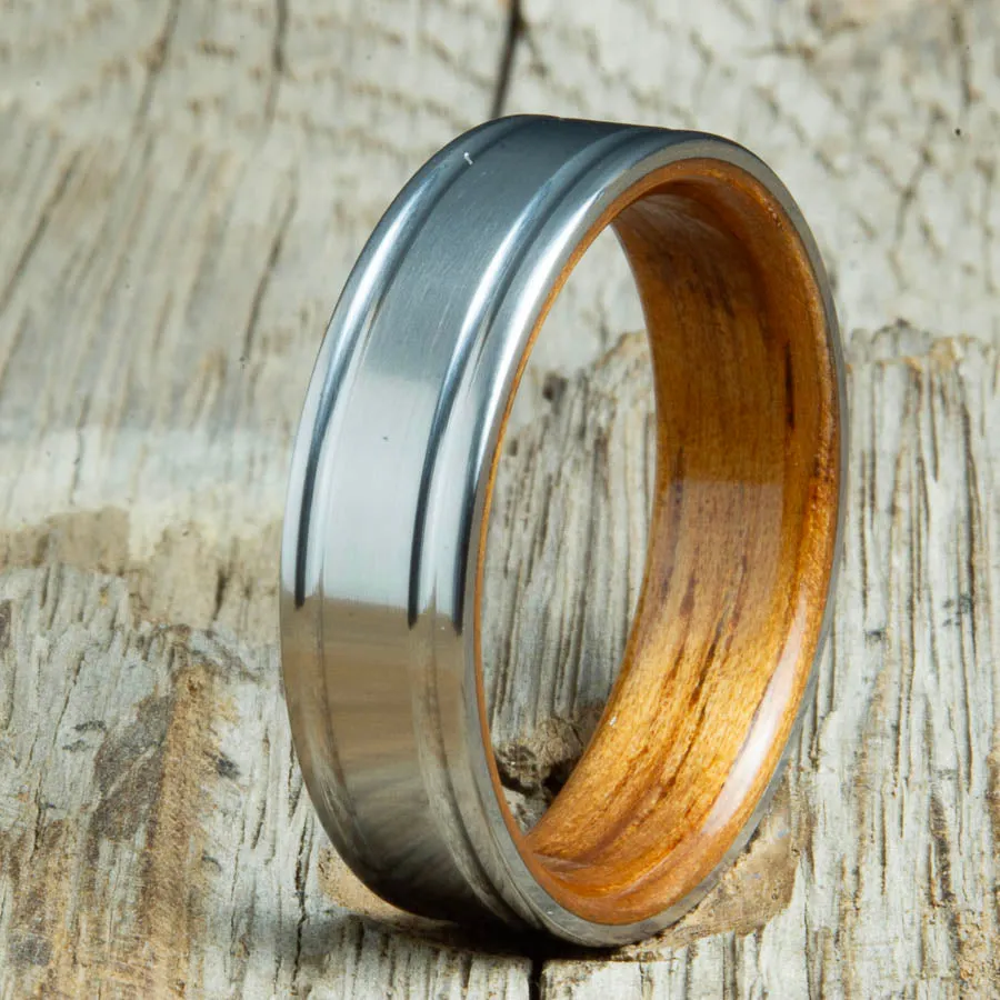 Double grooved satin titanium and Hawaiian Koa ring