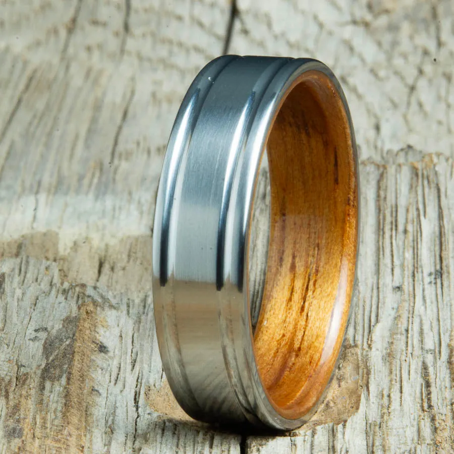Double grooved satin titanium and Hawaiian Koa ring