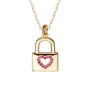 Gold Plated Small Lock With Open Center Ruby CZ Heart Necklace