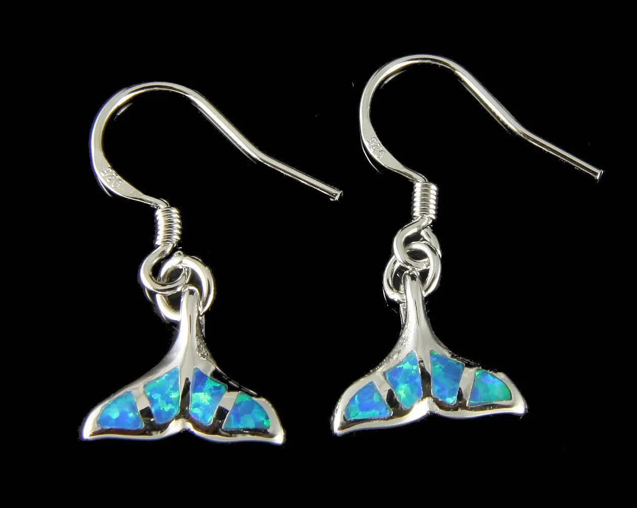 INLAY BLUE WHITE OPAL STERLING SILVER 925 HAWAIIAN WHALE TAIL HOOK EARRINGS 12MM (WJ-30)