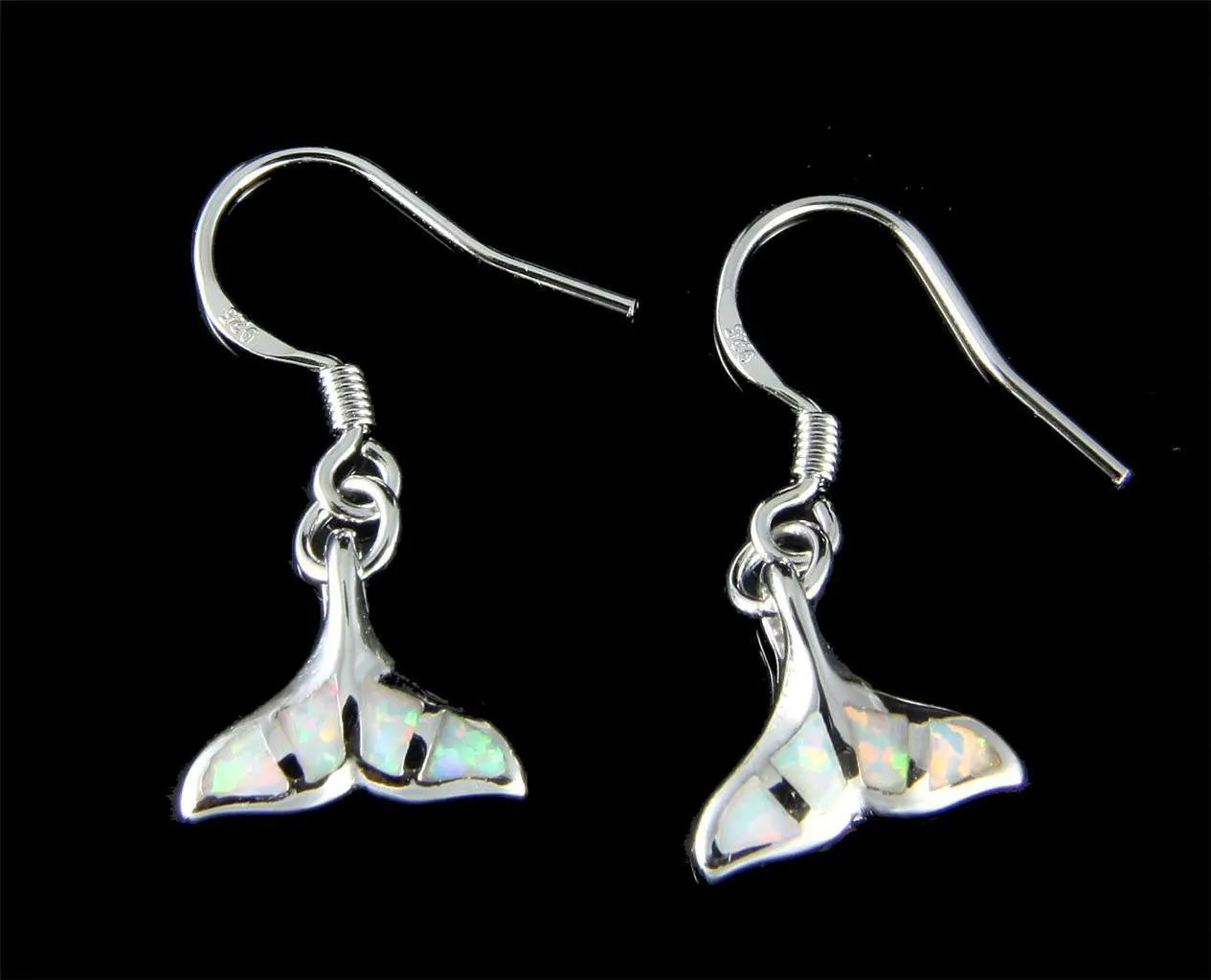 INLAY BLUE WHITE OPAL STERLING SILVER 925 HAWAIIAN WHALE TAIL HOOK EARRINGS 12MM (WJ-30)