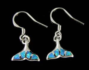 INLAY BLUE WHITE OPAL STERLING SILVER 925 HAWAIIAN WHALE TAIL HOOK EARRINGS 12MM (WJ-30)