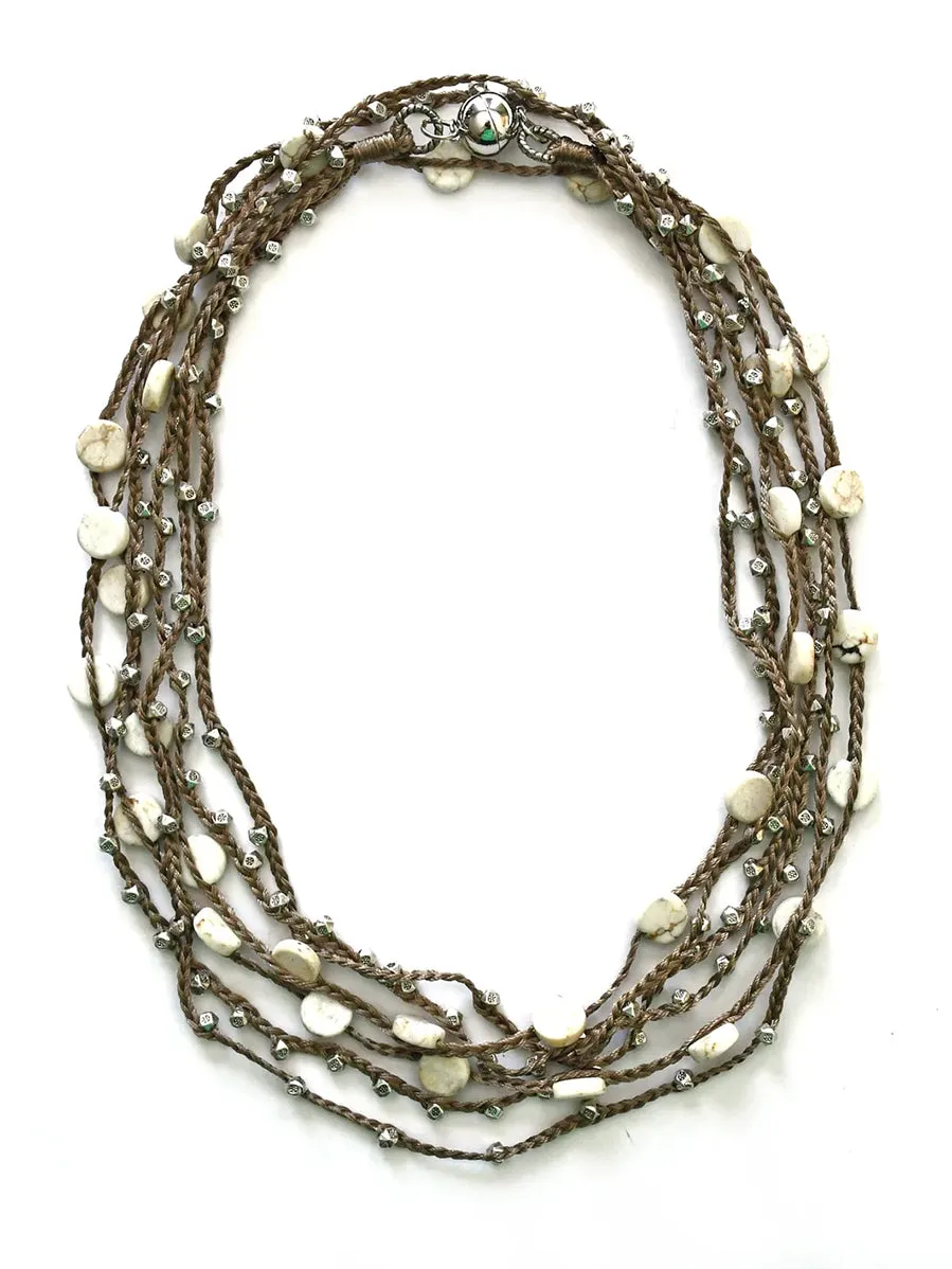 Long Silk Twine Necklace with Silver Beads and White Turquoise Buttons