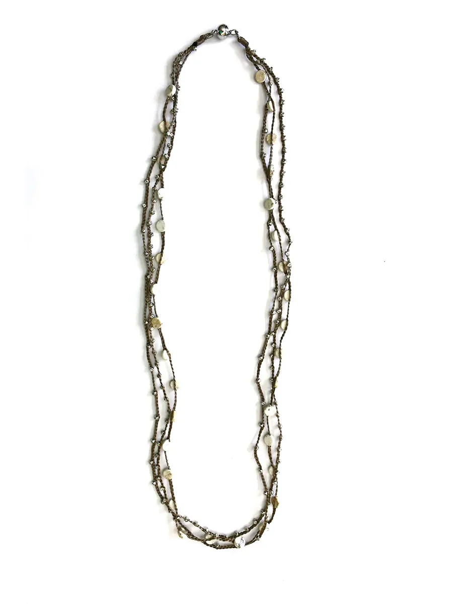 Long Silk Twine Necklace with Silver Beads and White Turquoise Buttons