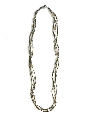 Long Silk Twine Necklace with Silver Beads and White Turquoise Buttons