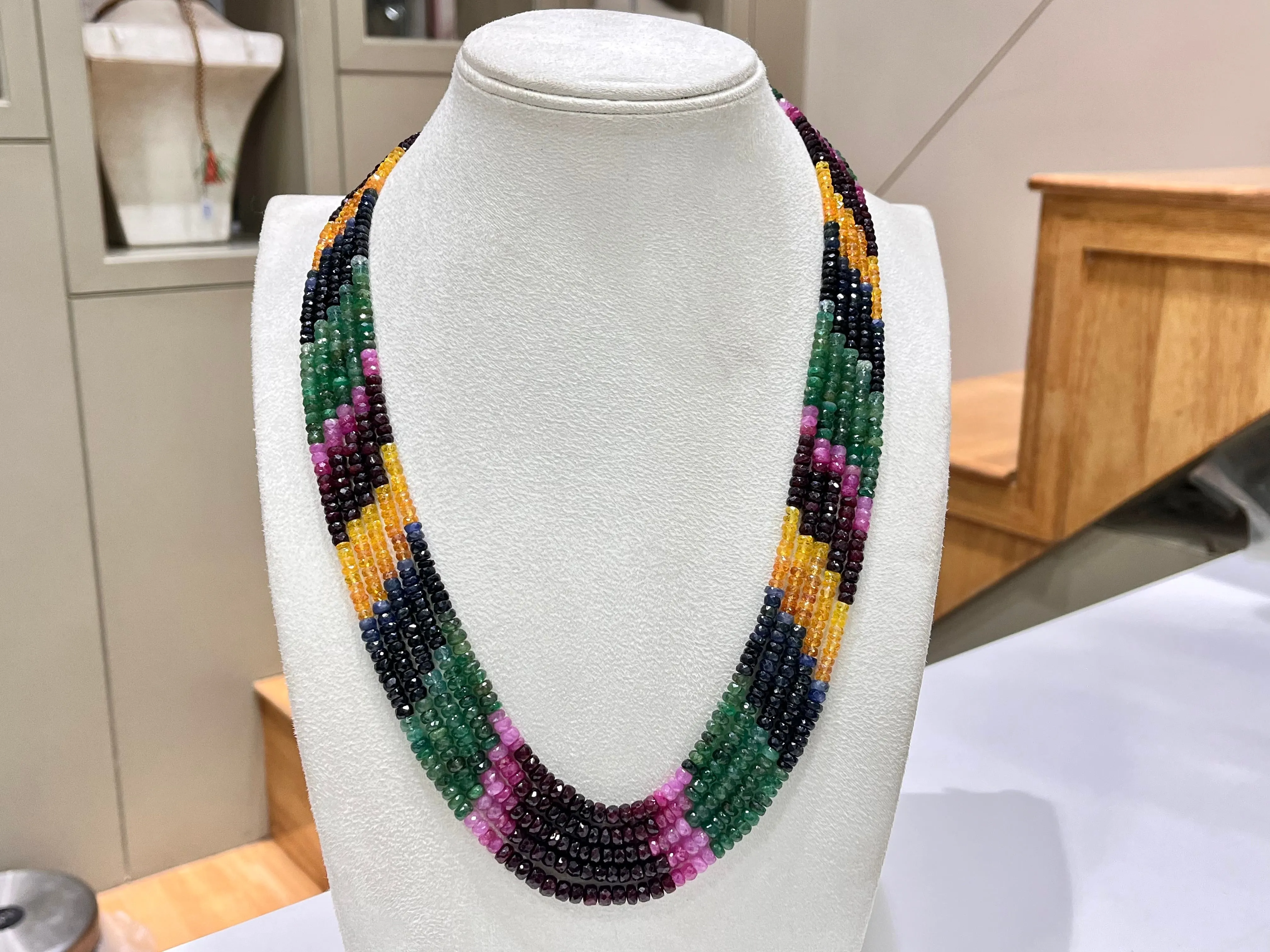 Natural Multi Sapphire Necklace, Ruby Sapphire Emerald Necklace, Multi Precious gemstone Healing Necklace, 5 Layering Necklace, 20 Inch