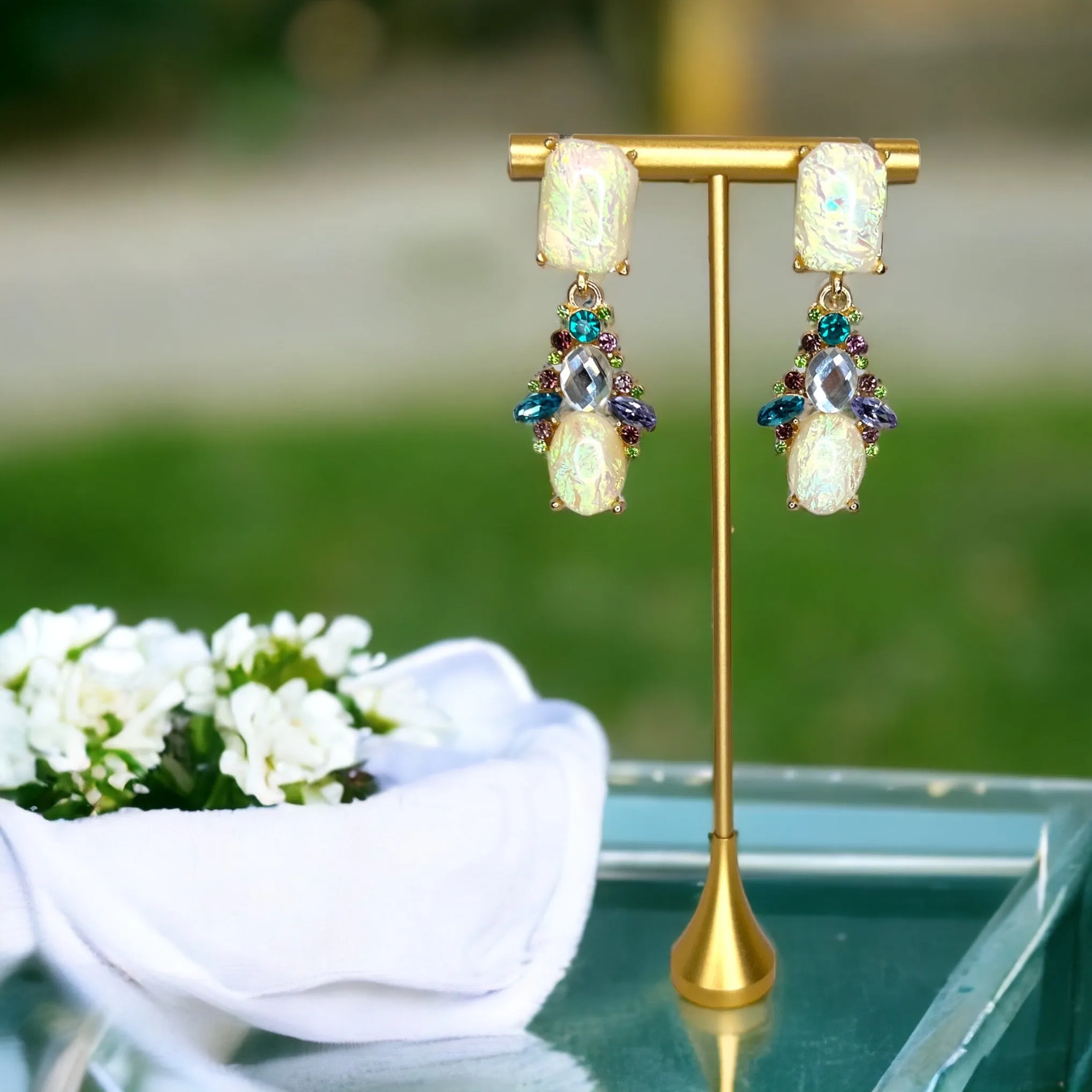 Opal Rhinestone Earrings - Mardi Gras Ball, Rhinestone Earrings, New Orleans, NOLA, Purple Green Gold, Mardi Gras Jewelry, Parade Outfit