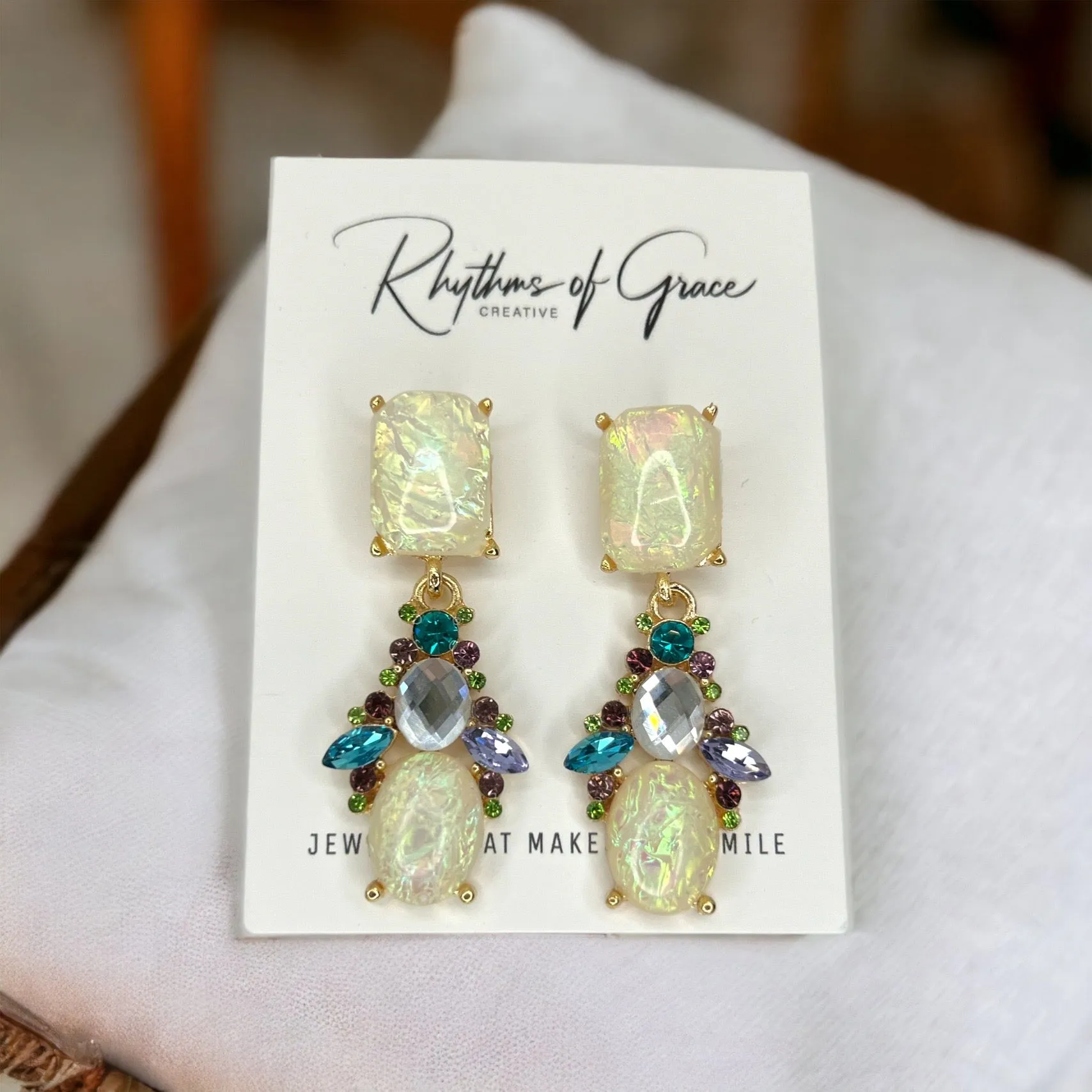 Opal Rhinestone Earrings - Mardi Gras Ball, Rhinestone Earrings, New Orleans, NOLA, Purple Green Gold, Mardi Gras Jewelry, Parade Outfit