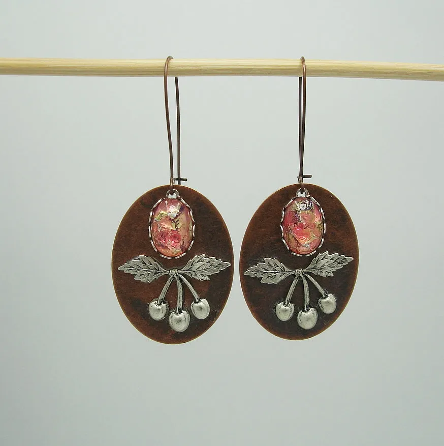 Ox Silver Cherry and Rose Opal on Ox Copper Oval Dangle Earrings.