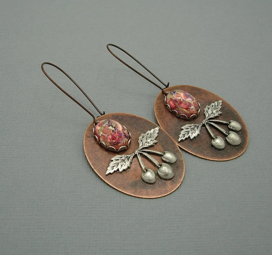 Ox Silver Cherry and Rose Opal on Ox Copper Oval Dangle Earrings.