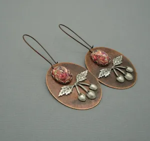 Ox Silver Cherry and Rose Opal on Ox Copper Oval Dangle Earrings.