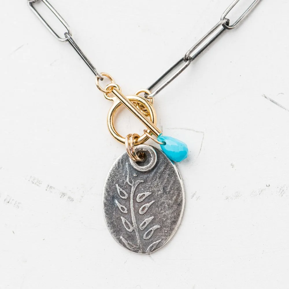 Silver Fern Oval Necklace with Turquoise