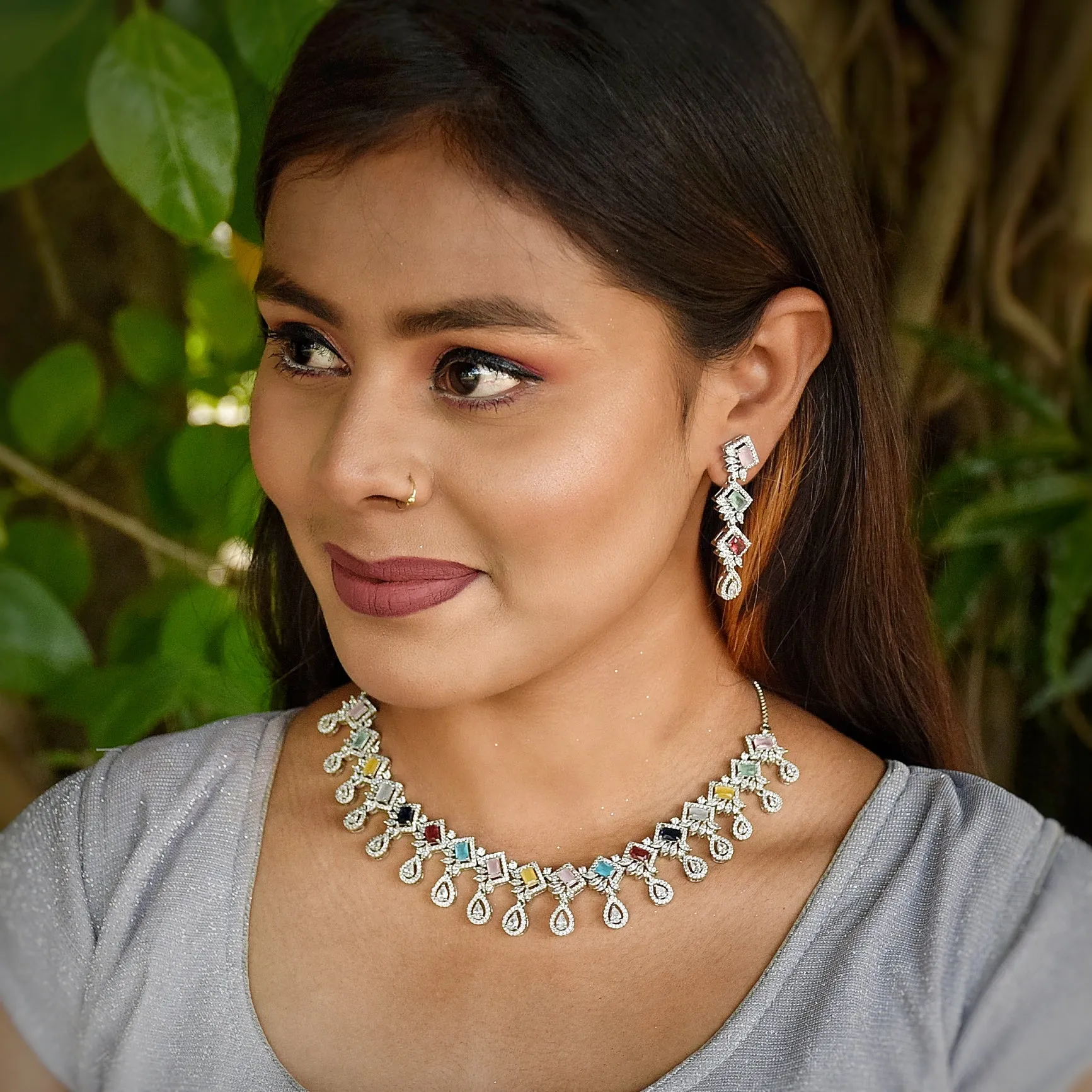 Silver Polish Zircon/AD Necklace Set 6766-69