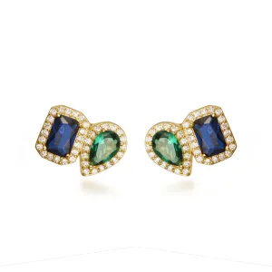 Sterling Silver Gold Plated Emerald and Sapphire CZ Shape Stud Earring